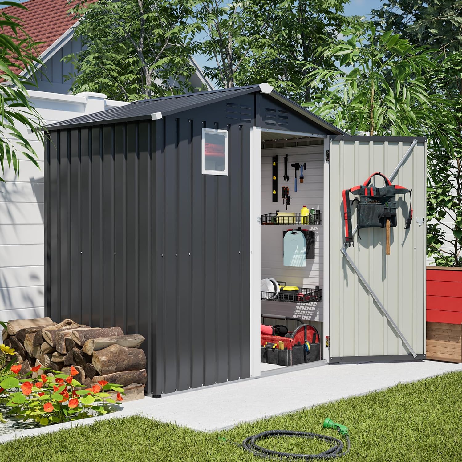 Metal Outdoor Storage Shed, 6' x 4', Steel Utility Tool Storage House for Backyard Garden Patio Lawn, Gray
