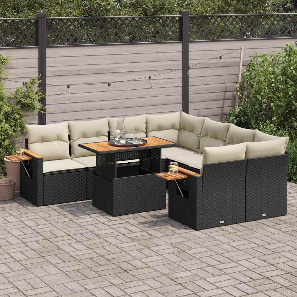 9 Piece Outdoor Sofa Set Black PE Rattan Large Adjustable Armrests, Modern Patio Furniture with Weather-Resistant Cushions and Modular Design for Comfortable Seating