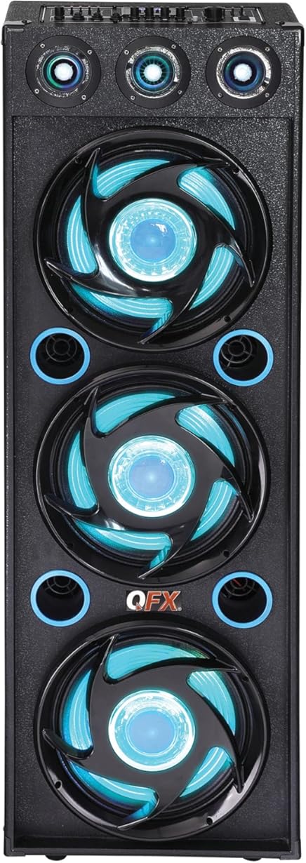 QFX SBX-412300BT TWS Bluetooth Triple 12” Woofer Triple 1” Tweeter Recording High-Performance PA Cabinet Speaker with 10-Band Graphic EQ, 2 Microphone Inputs, Guitar Input, and AUX Input, Blue