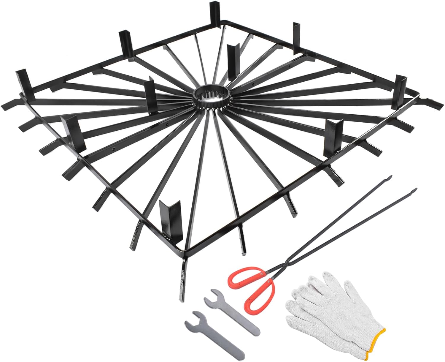 Heavy Duty Square Wheel Fire Pit Grate, 36''x36'' Sizes, Includes Fireplace Gloves & Poker