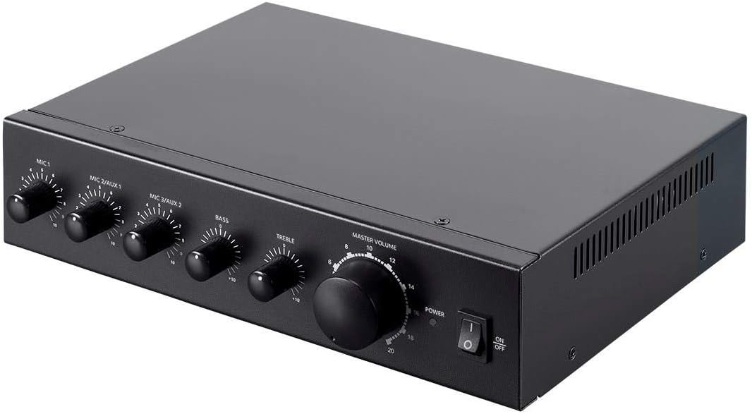 Monoprice Commercial Audio 3 Channel 60 Watt 100/70V Mixer Amp - Three Mic Inputs, Bass, Treble, and Volume Controls, Black