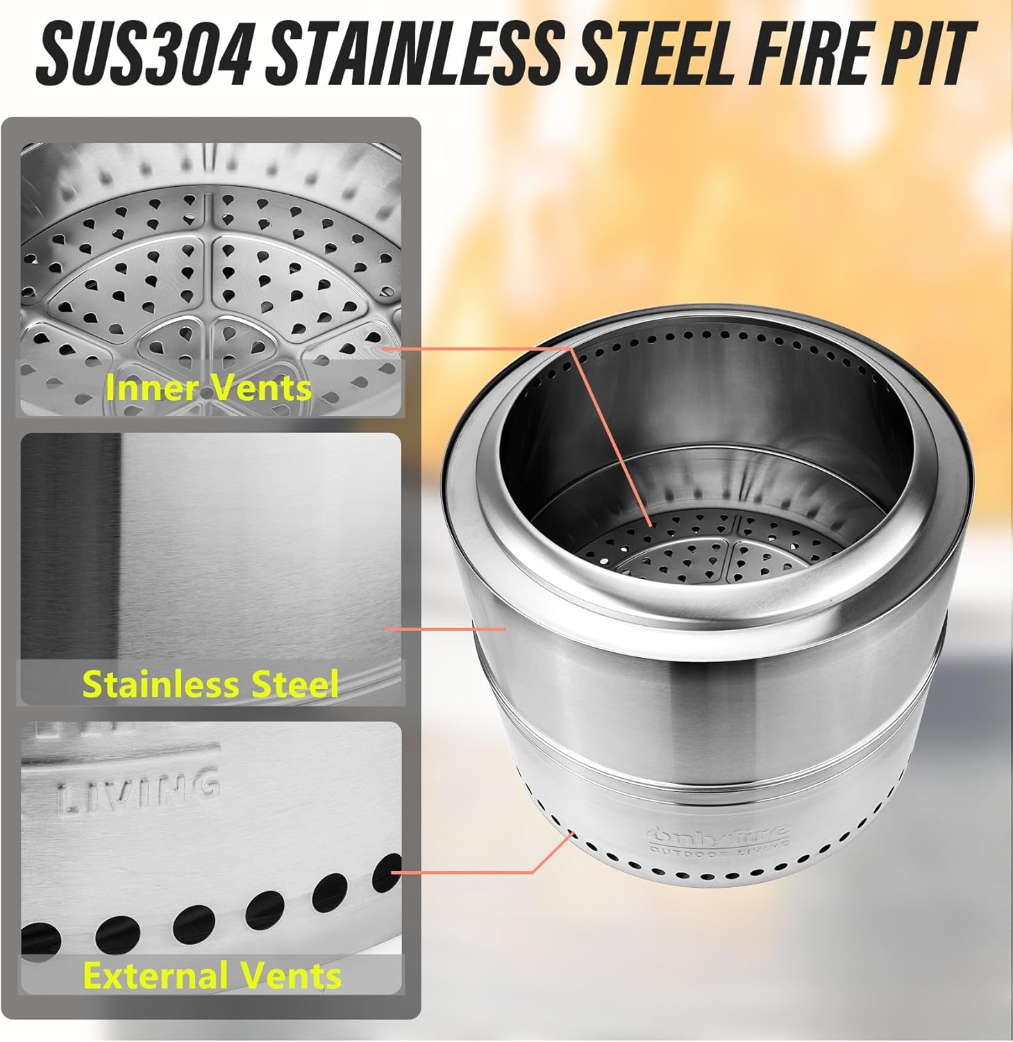 ONLYFIRE OUTDOOR LIVING Wood Burning Fire Pit with Carrying Bag, 19.5” Detachable Portable Firepit for Camping Tailgating Patio Backyard Bonfire, Smokeless Fireplace, Stainless Steel FP036