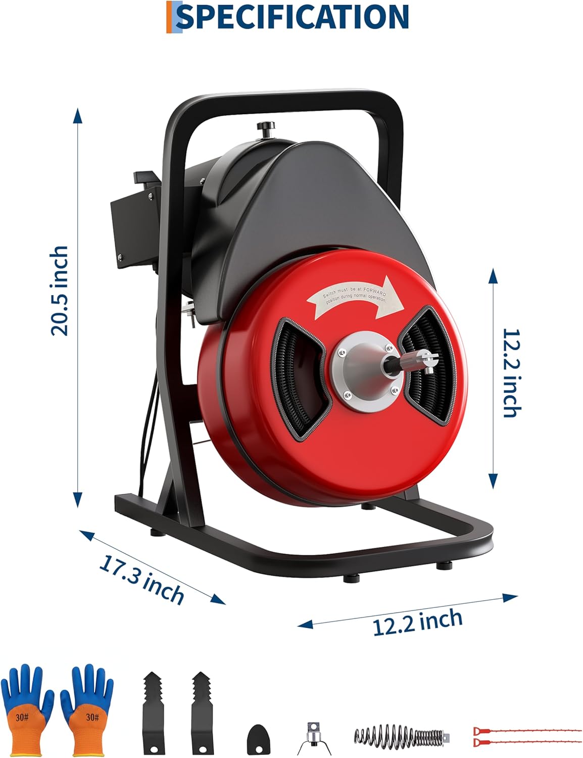 Drain Cleaner Machine 50FT x 1/2 Inch Steel Core Cable Portable 250W Electric Drain Cleaning Machine With Sewer Auger, Cutter, Air-activated Foot Switch, for Commercial, Home