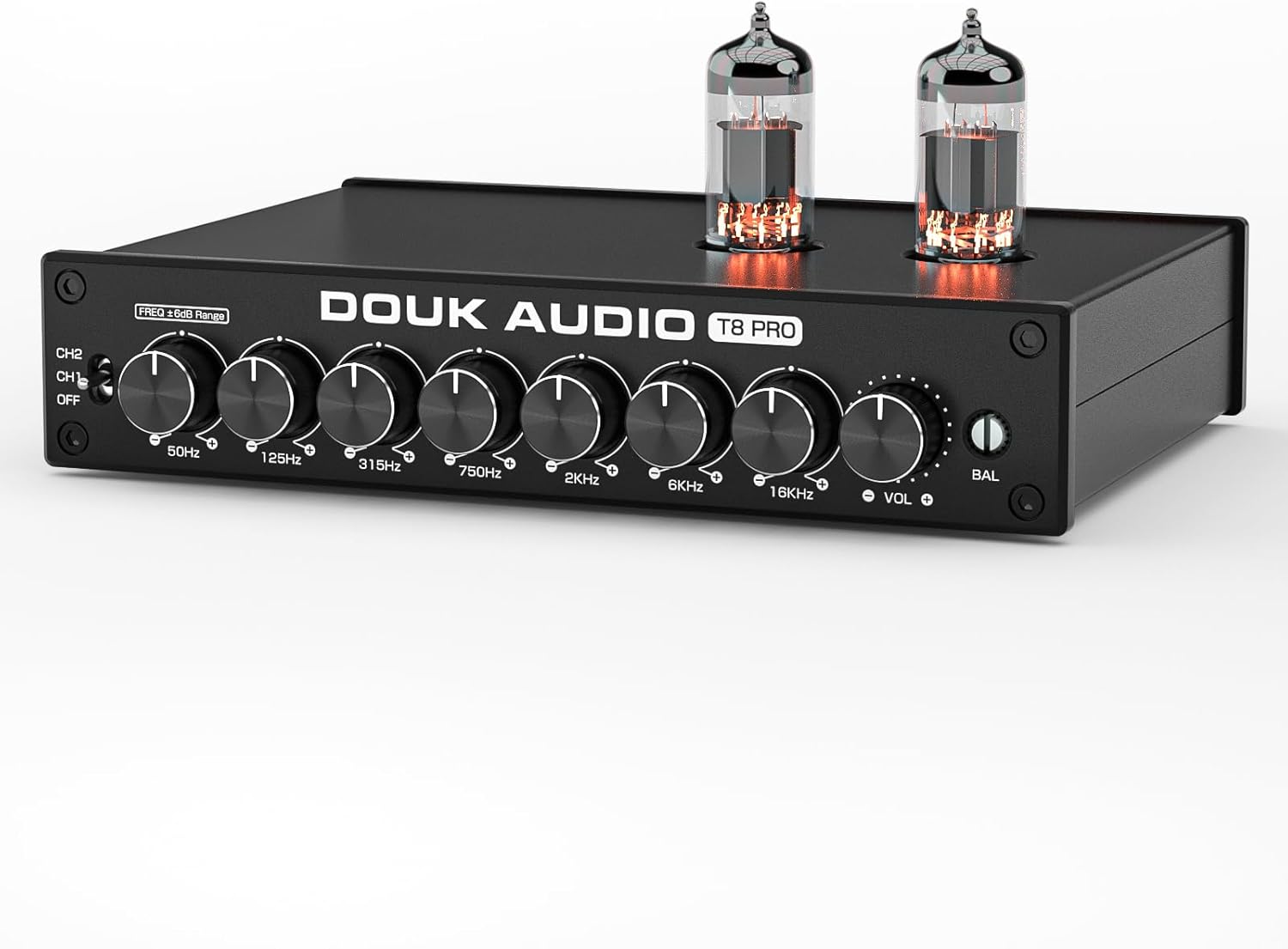 Douk Audio Balanced EQ Preamp: 7-Band Equalizer - Vacuum Tube Preamplifier with XLR RCA Inputs & Outputs - for Home Stereo HiFi System, Amplifiers, Active Speakers (T8 PRO Black)