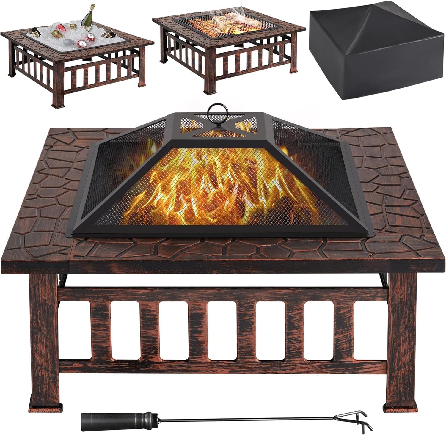 34in Fire Pit Table Outdoor Fire Pits Square Steel Stove with Mesh Screen, Waterproof Cover Poker for Outside Patio Bonfire Camping (Copper)