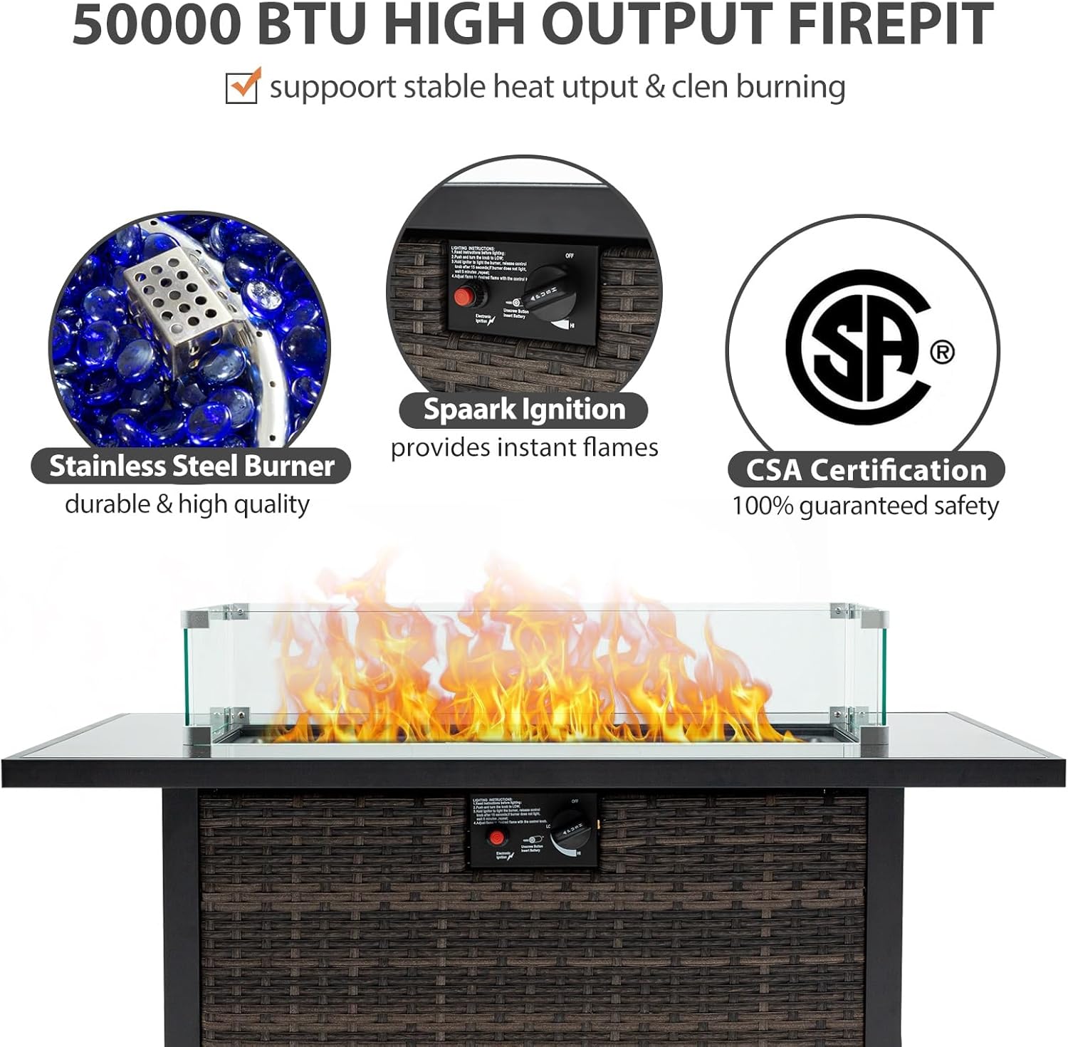 Outdoor Fire Pit 50,000 BTU Propane Gas Fire Table with Lid Fireplace Glass Wind Guard Wicker Base for Garden Patio Backyard
