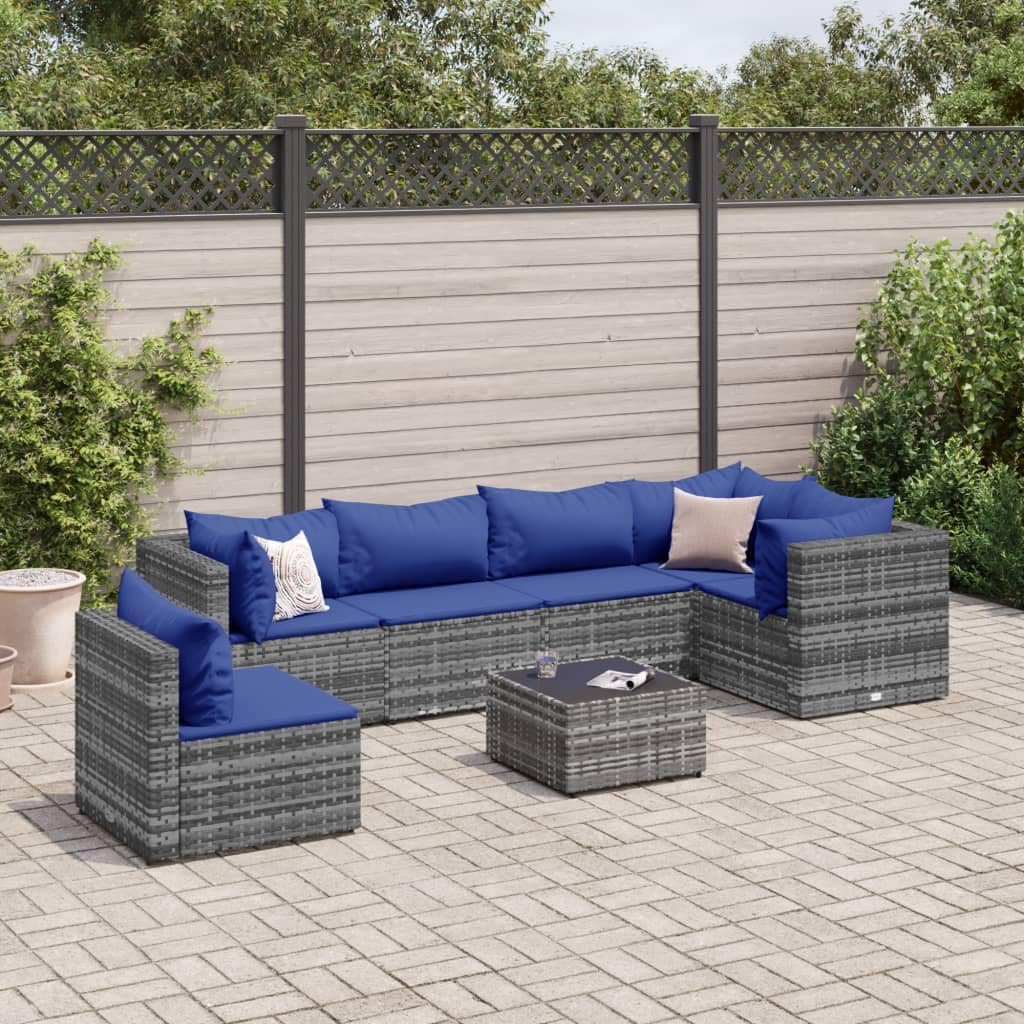 7 Piece Patio Lounge Set with Cushions Gray Poly Rattan,Modular Garden Lounge Set with Tempered Glass Table and Padded Cushions for Outdoor Relaxation Patio Furniture, Outdoor Furniture Sets
