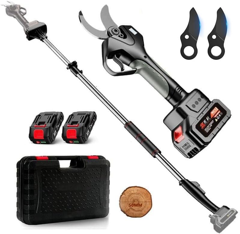 Electric Pruning Shears, Cordless 50MM Portable Scissors with Telescopic Pole (1.3-2.1m) for Hedge, Bush, Orchard - Rechargeable Battery Included