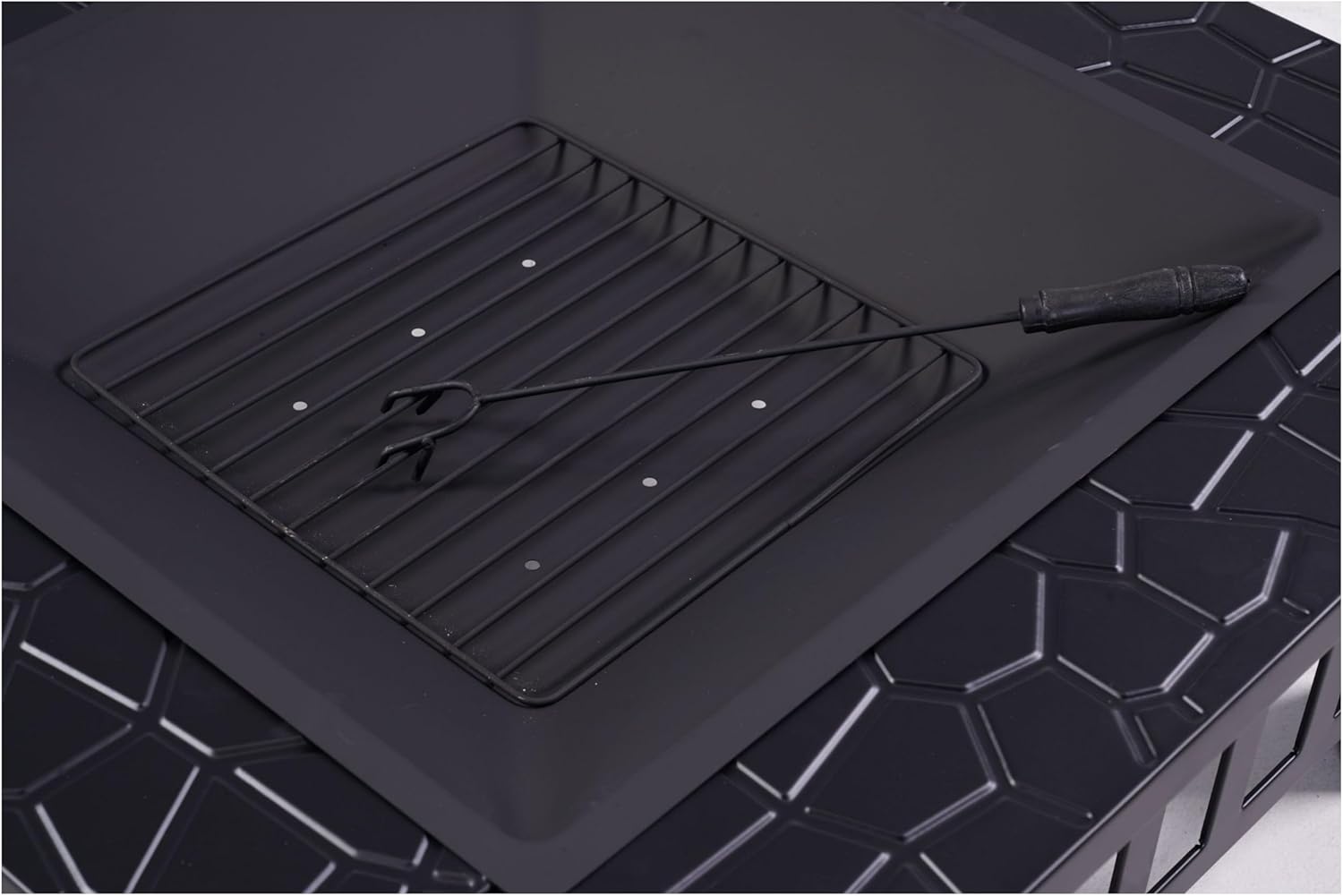 Outdoor Fire Pit Table 32 Inch, Square Backyard Patio Firepit Table, Black Steel Construction with Protective Cover, Multi-Functional BBQ Grill and Ice Bucket, Ideal for 4-8 People