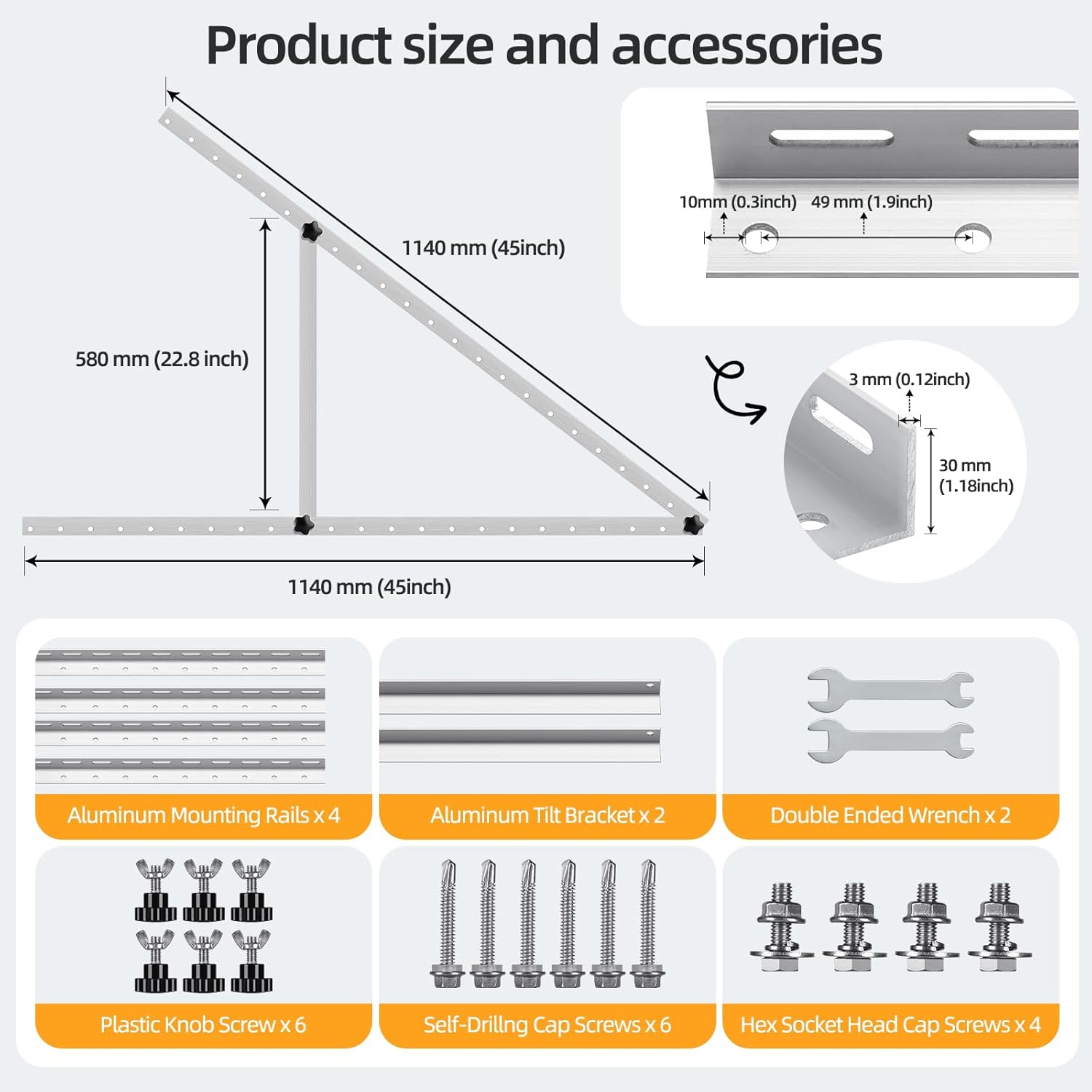 FLYING LION 2 Sets 45inch Adjustable Solar Panel Tilt Mount Brackets with Foldable Tilt Legs, Ieal for 2-4pcs 180 200 300 400 Watt Solar Panel for Roof, RV, Boat, and Off-Grid