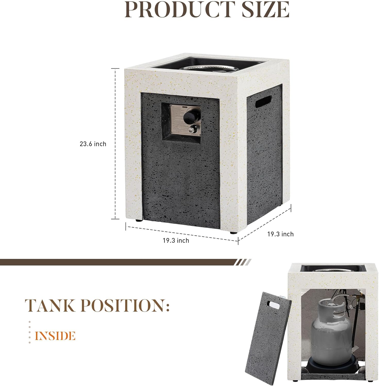 COSIEST Outdoor Propane Fire Pit Table w Compact Ledgestone 19-inch Square Graphite Base with Waterproof Cover, Certified, 40,000 BTU, Free Lava Rocks, Touch-up Pen, Fits 20lb (Grey&White)