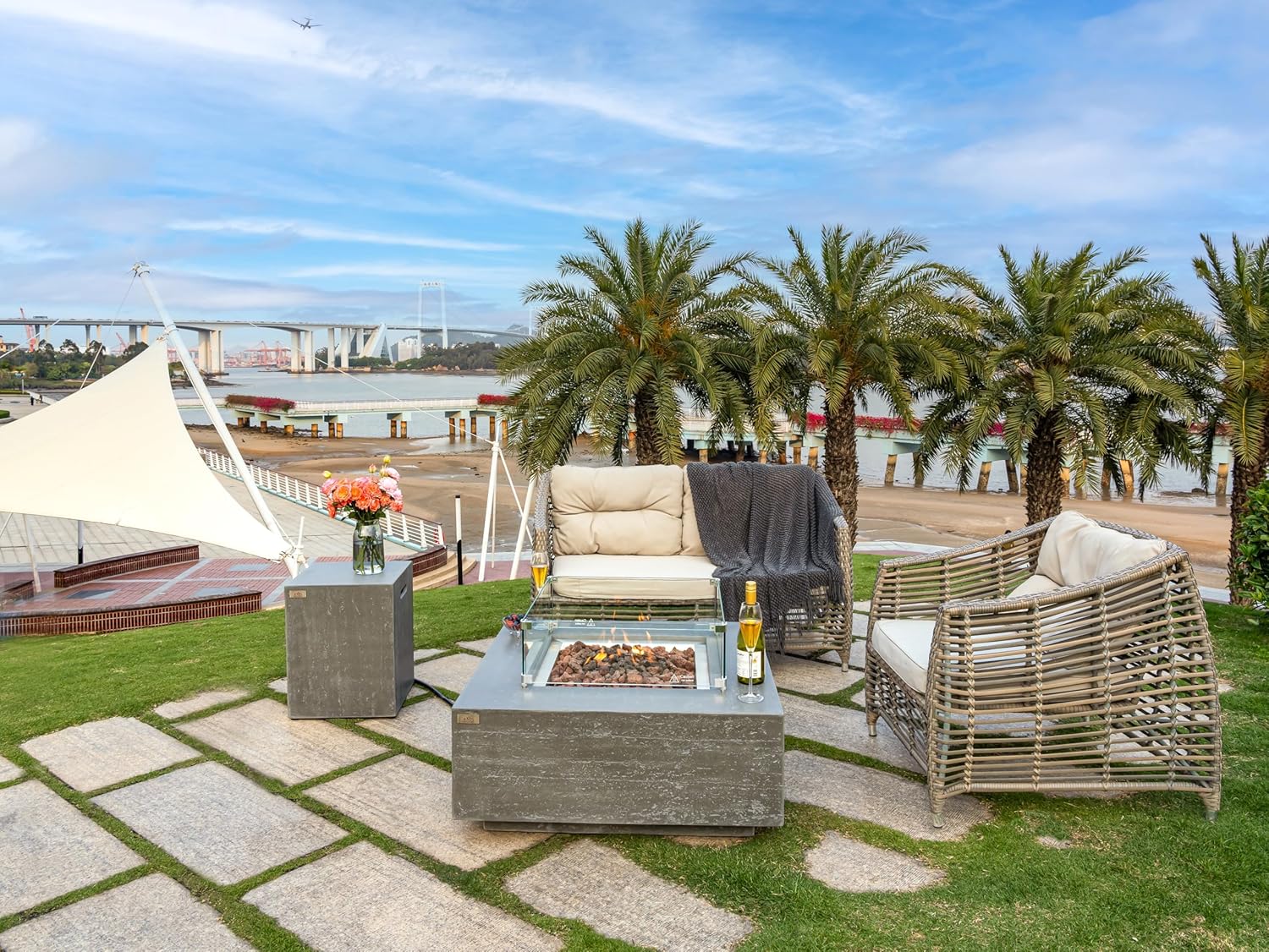 AMS Creations | Albany 36 inches Square Propane Gas Outdoor Fire Pit Table | Concrete GFRC Fire Pit Table | with SS Lid, Canvas Cover, Tank Cover, Lava Rock and Wind Guard Included