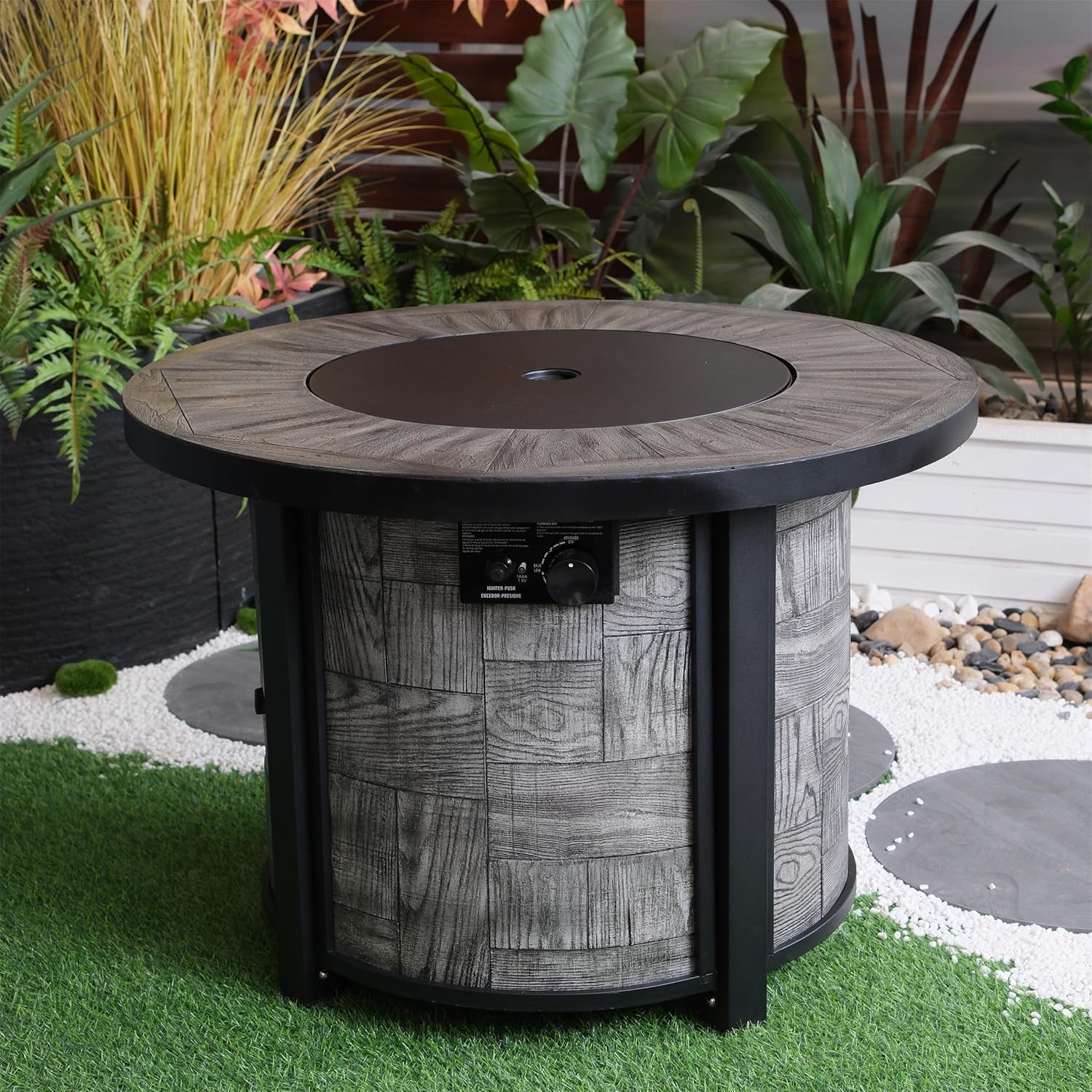 ESPIDOO Outdoor Gas Fire Pit Table: Modern Wood-Grain Round Metal Frame with 50,000 BTU for Patio Backyard Gatherings—Adjustable Flame & Lava Rocks for Adults Socializing