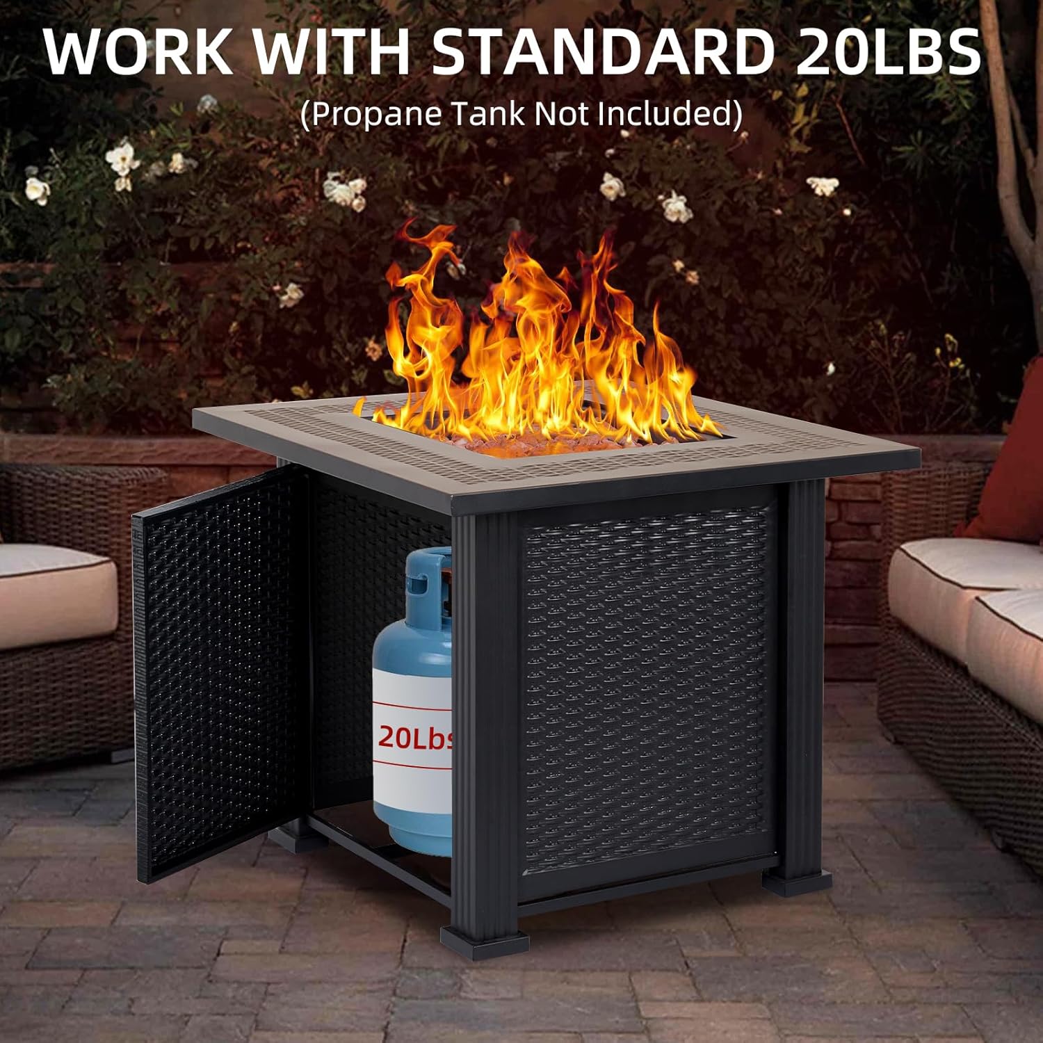 28 Inch Propane Fire Pit, CSA-Listed Outdoor Gas Fire Pit, 50,000 BTU Steel Fire Table with Lid and Lava Rock, Gas Fire Pits for Patio, Stainless Steel Burner Head for Warmth Ambiance Black