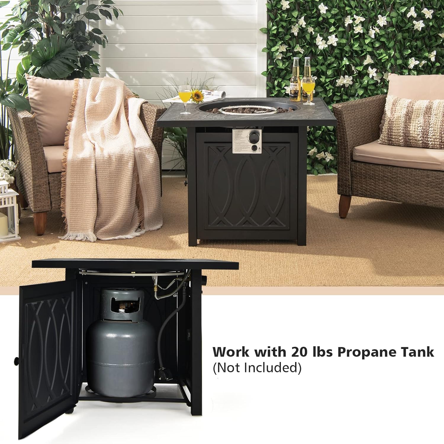 Tangkula 32 Inches Gas Fire Pit Table, 50,000 BTU Square Propane Firepit with High-Temp Resistant Tabletop, Adjustable Flame Lava Rocks and Waterproof Cover, Outdoor Fire Pit Table (Black)