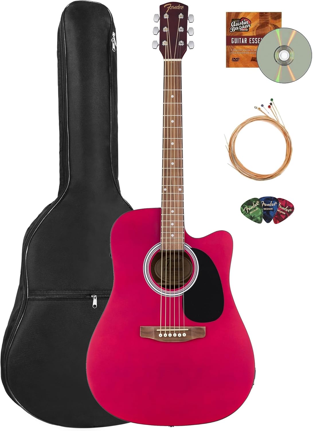 Fender FA Series Dreadnought Acoustic-Electric Guitar - Crimson Red Bundle with Gig Bag, Strings, Picks, and Austin Bazaar Instructional DVD