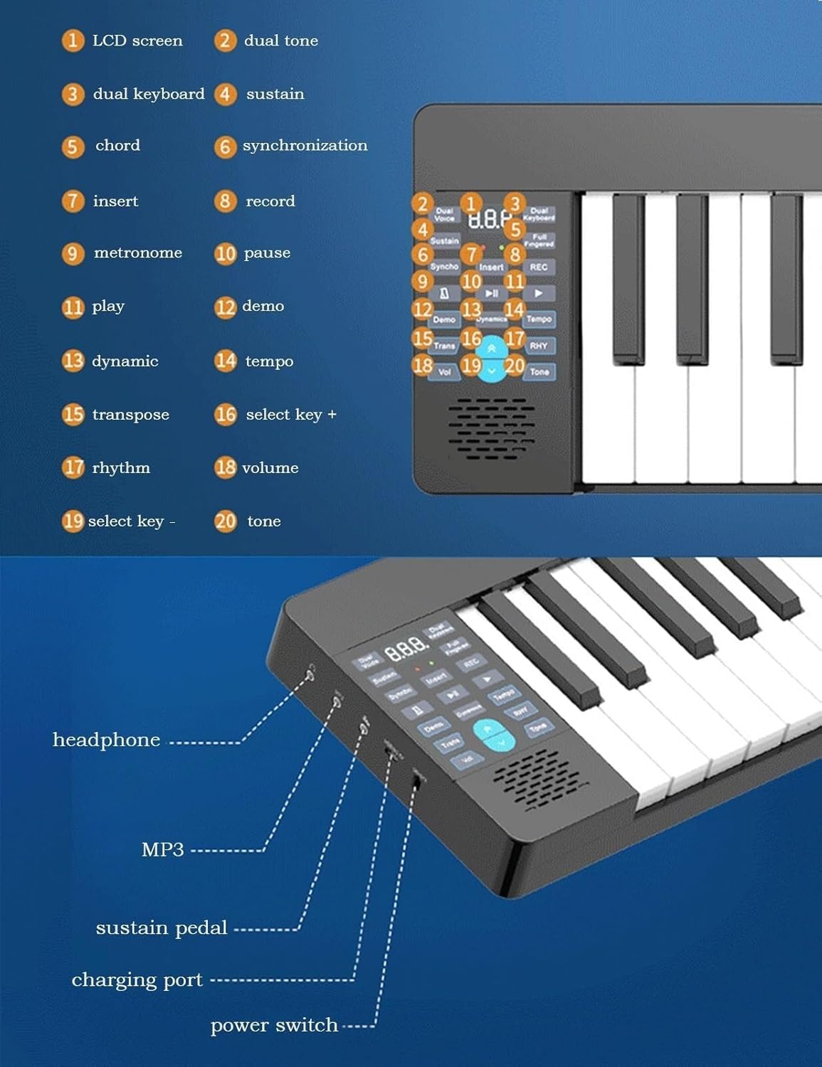 61-Key Full-Size Touch-Sensitive Electric Piano, Portable Travel Keyboard, Bluetooth, MIDI, Rechargeable for Beginners & Teens