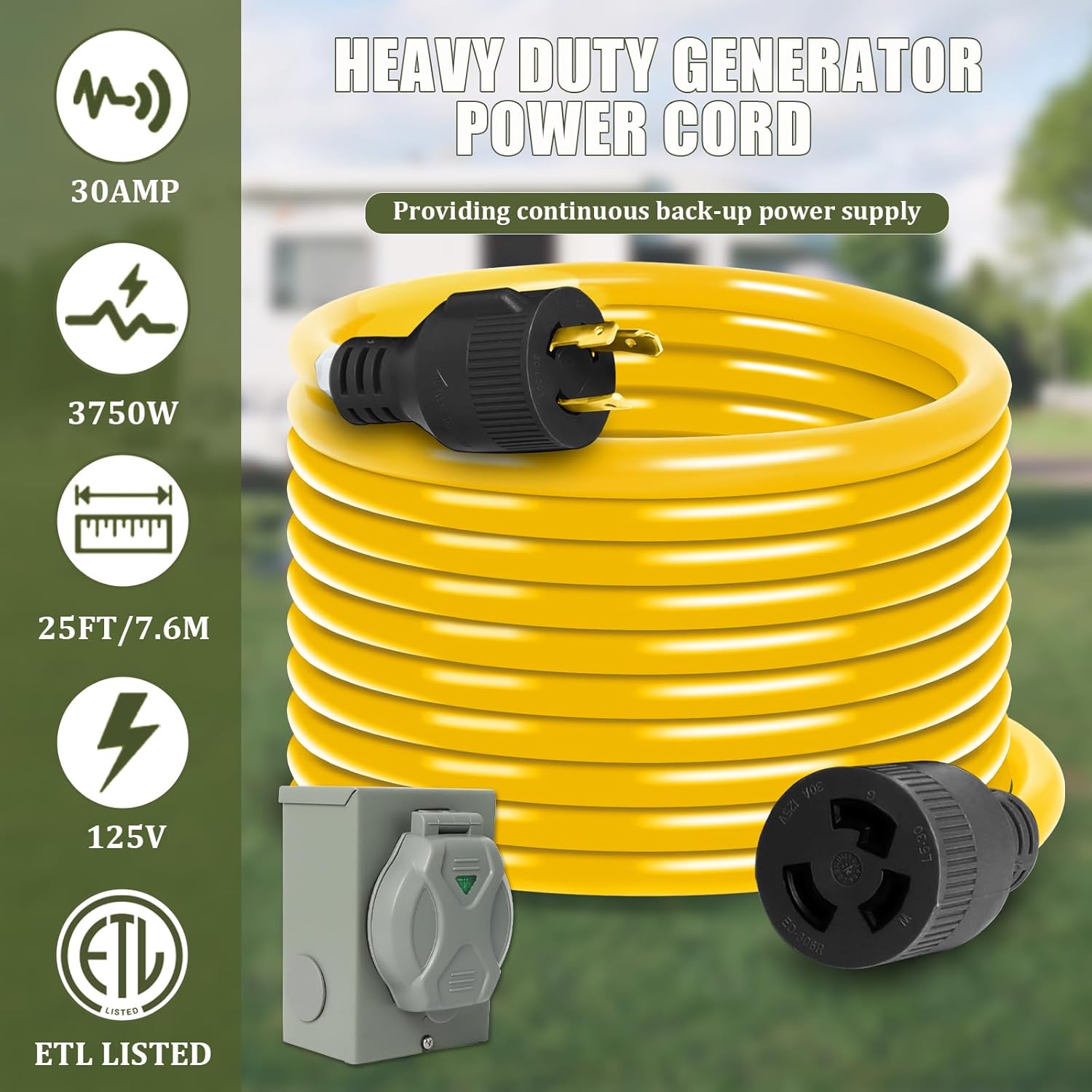 Wadoy 3 Prong Generator Cord 30 Amp, Yellow SJTW 3X10AWG Generator Power Inlet Box and 25Ft Generator Power Extension Cord NEMA L5-30P to L5-30R 125V, 3750W Power Inlet Organizer Combo Kit ETL Listed