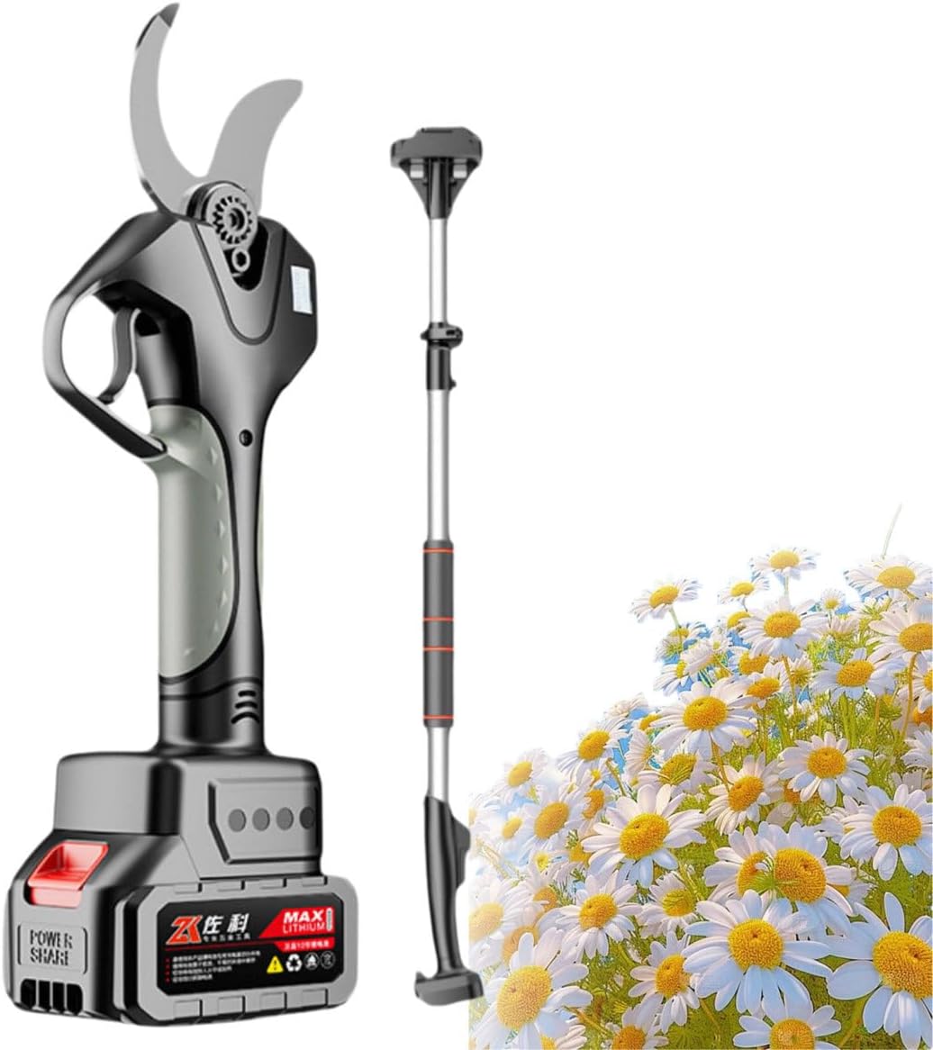 Electric Pruning Shears Thick Branches, Cordless Pruning Shears, Cordless Tree Pruner, Long battery life, 5m high pruning, Tree Trimming Branch Cutter Bush 银色开口6.0厘米+2节电池+延长杆