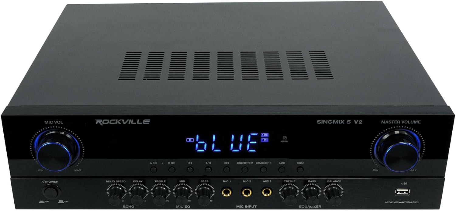 Rockville SingMix 5 V2 2000W Karaoke Mixing Amplifier, Bluetooth, USB/SD, Optical/Coax Inputs, Echo Effects, Remote Control, Perfect for Home Karaoke and Professional Venues