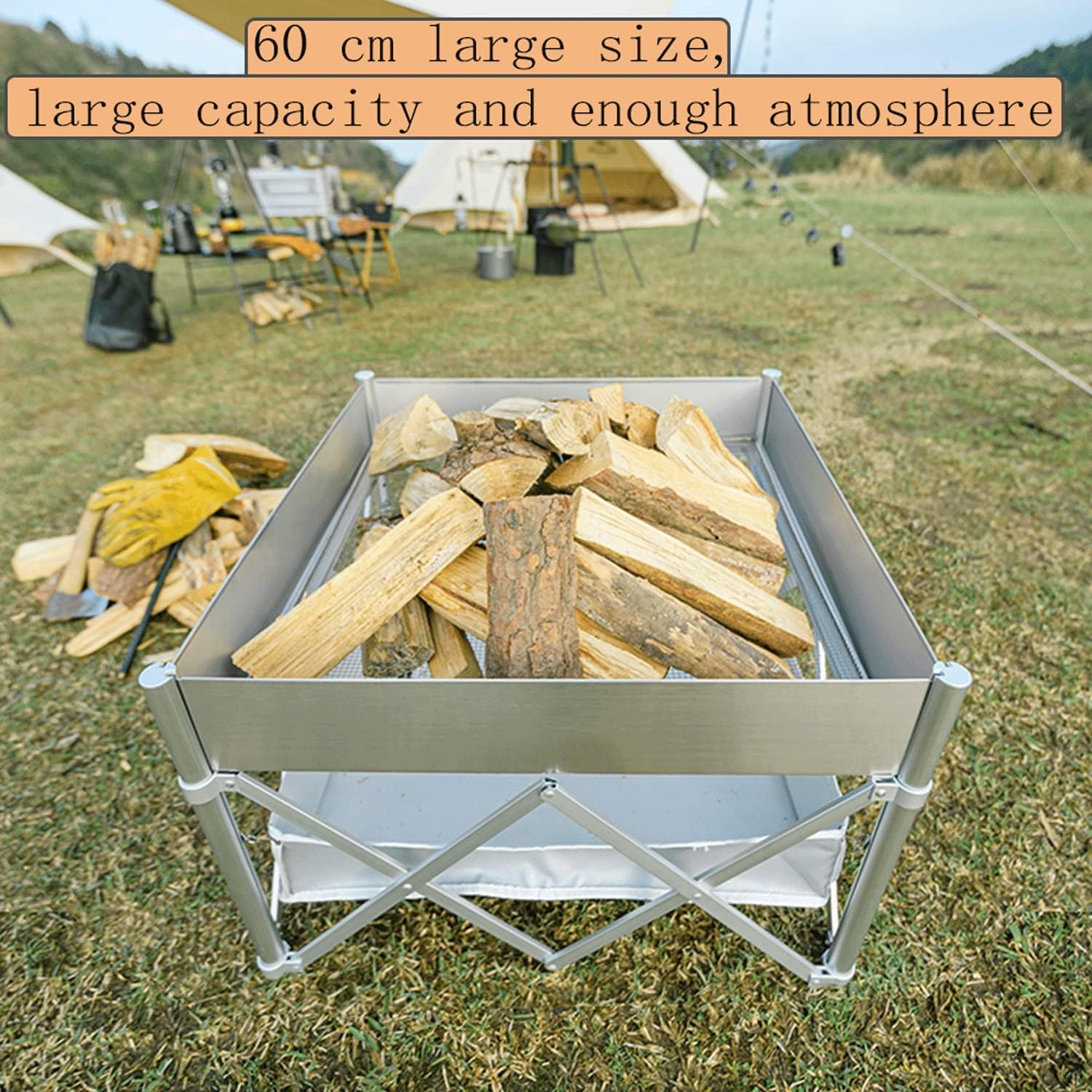 Collapsible Campfire Grill Camping Fire Pit, 304 Stainless Steel Grill Gate, Heavy Duty Portable Camping Grill with Carrying Bag，Square Firepit with Grill