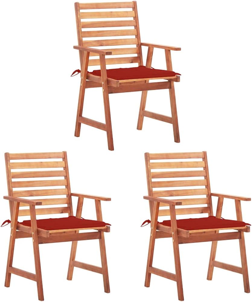 Patio Dining Chairs 3 pcs with Cushions Solid Acacia Wood,Premium Acacia Wood Outdoor Dining Chair with Red Water-Resistant Cushions for Patio and Garden Outdoor Furniture, Outdoor Chairs