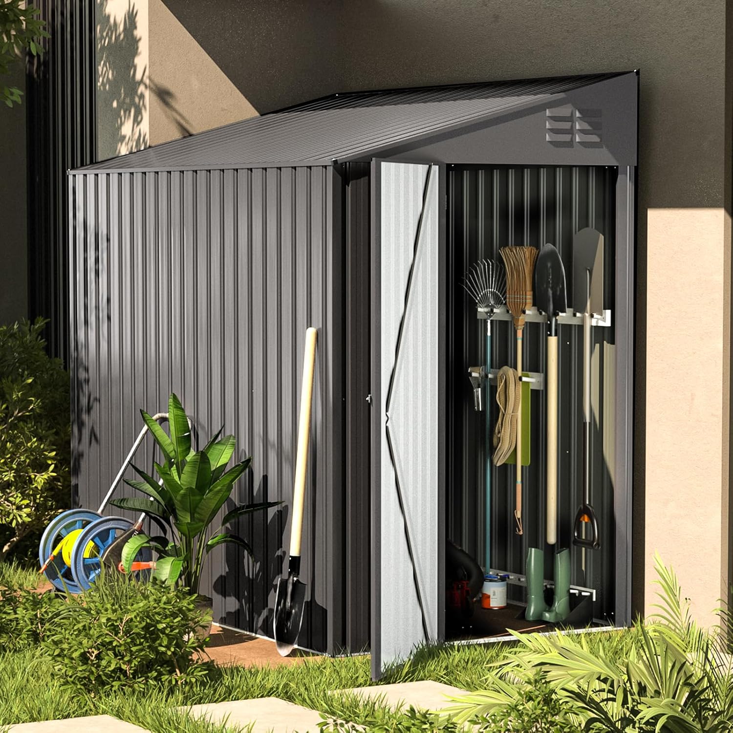 AECOJOY 4' x 6' Lean to Shed, Small Metal Outdoor Storage Shed, Wall Side Sheds & Outdoor Storage Cabinet Clearance, Bike Shed for Garden, Backyard and Outdoor Use in Dark Grey