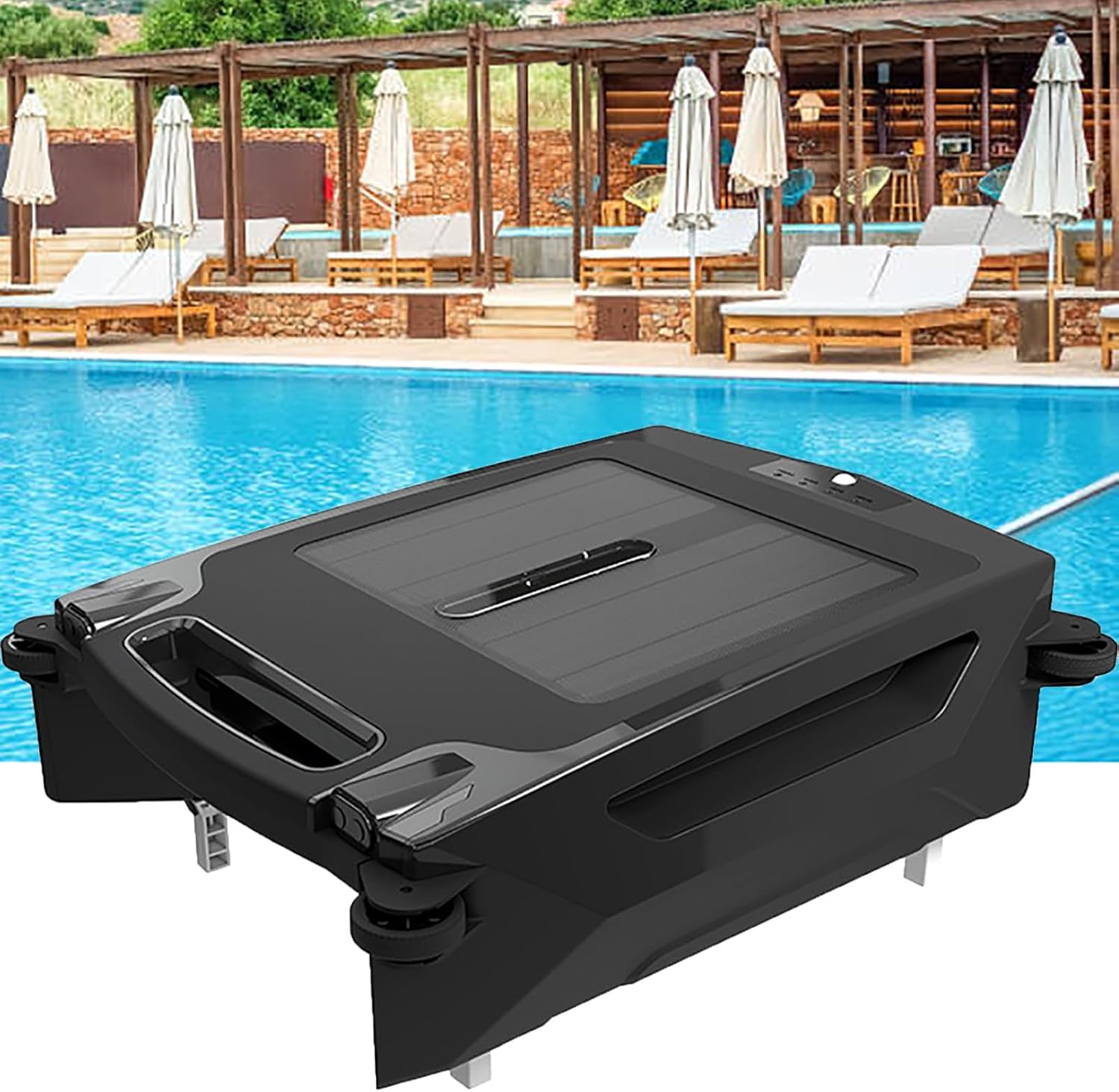 Solar Powered Automatic Robotic Pool Skimmer Cleaner, Solar Pool Cleaner Dual Mode with Navigation Sensor Daytime＆Overnight Continuous Cleaning for All Swimming Pool