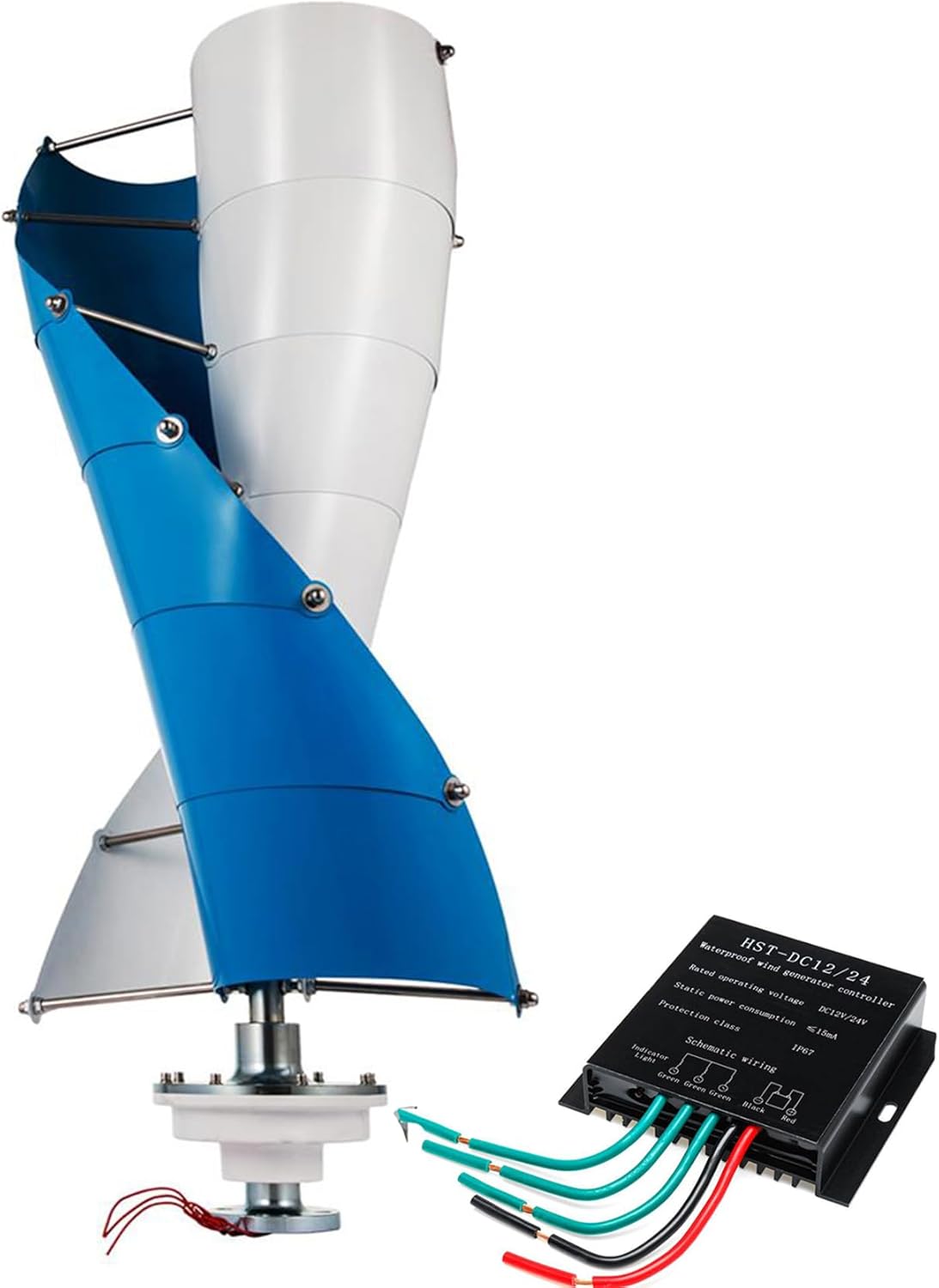 Vertical Spiral Wind Turbine Wind Turbine 2 Blades 16000W12V 24V 48V Wind Turbine with MPPT Charge Controller(White)
