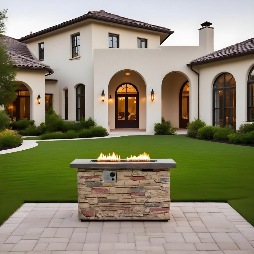 42 Inch Rectangular Propane Fire Pit Table with 50,000 BTU Output, Concrete Outdoor Firepit for Patio, Deck, Garden, Backyard - Beige Multi