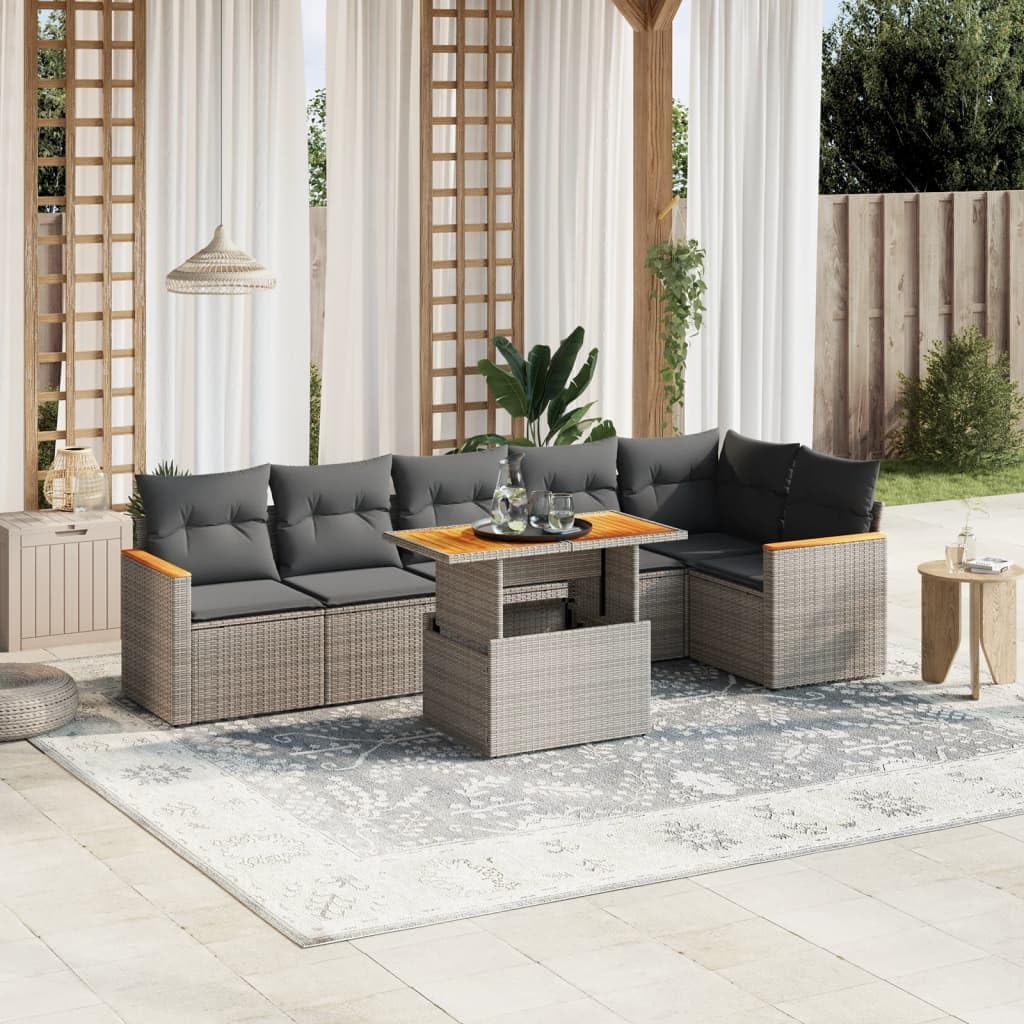 7-Piece Garden Sofa Set, Grey Poly Rattan Outdoor Patio Furniture, Modular Seating for 7 People, UV & Water-Resistant, Solid Acacia Wood Details, for Balcony & Conservatory