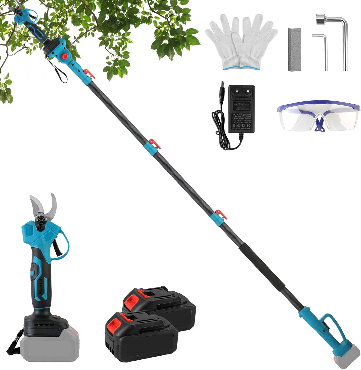 2-IN-1 Electric Pole Pruning Shear, Brushless Cordless Pruning Shears with Pole, 21V Tree Pruner with 2Pcs 4.0Ah Battery,1