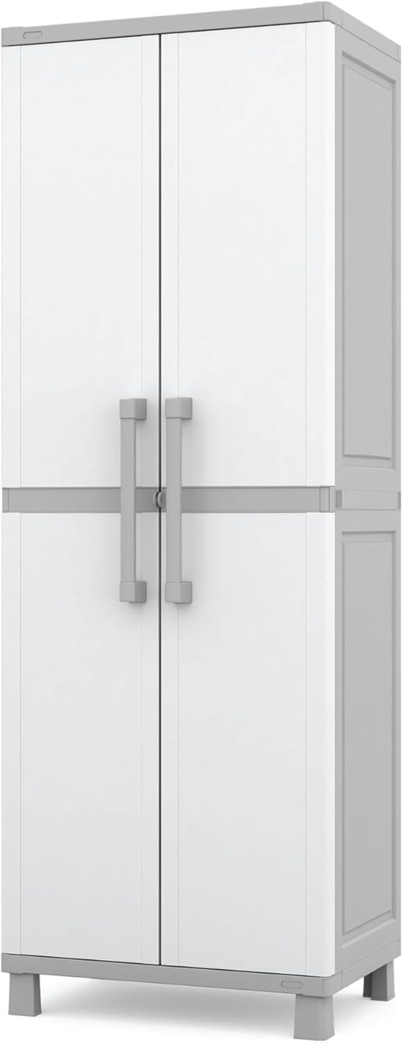 Keter Storage Cabinet with Doors and Shelves for Laundry Room, Garage, Bathroom Accessories, Closet and Home Organization, White & Grey