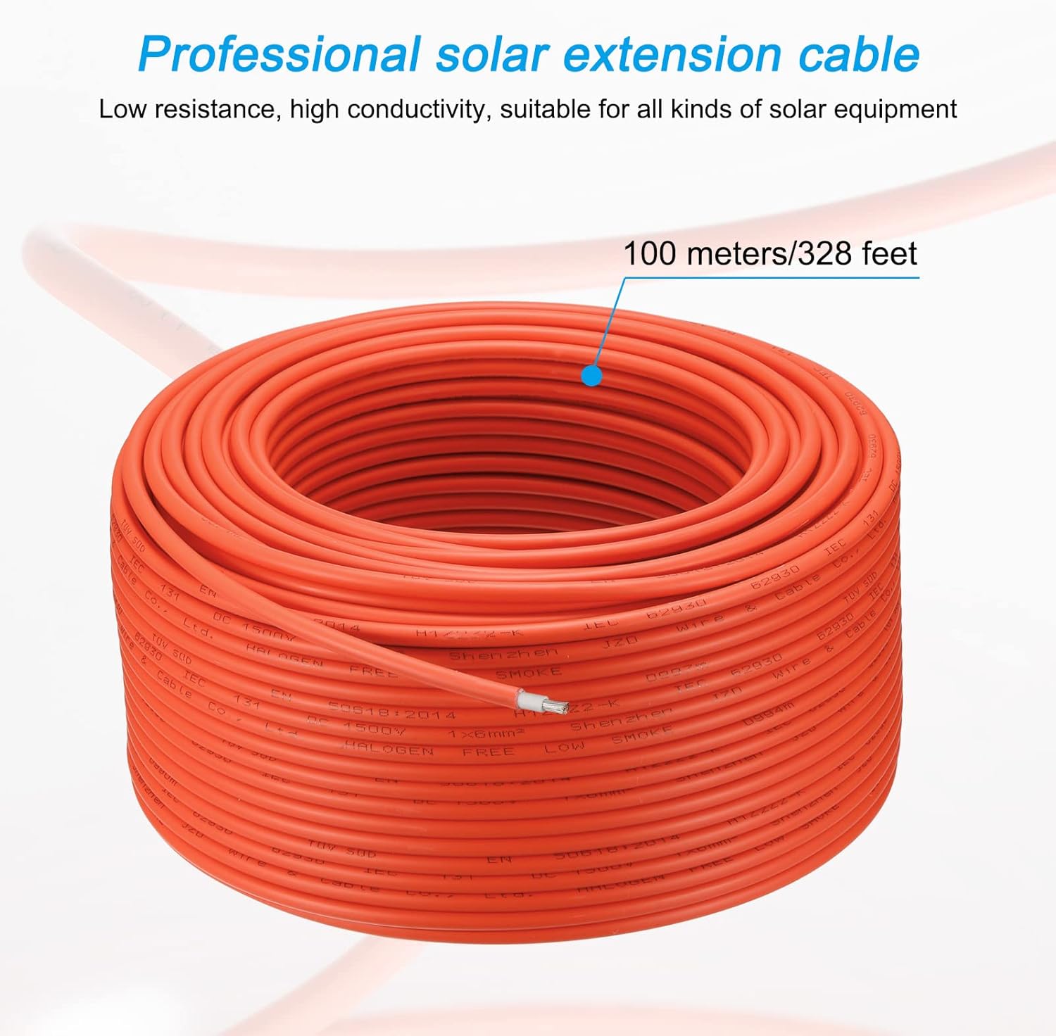 MECCANIXITY Solar Panel Wire 328ft 10AWG 6mm2 Solar Cable Extension Tinned Copper Wire Red for RV Boat Marine Solar Panel