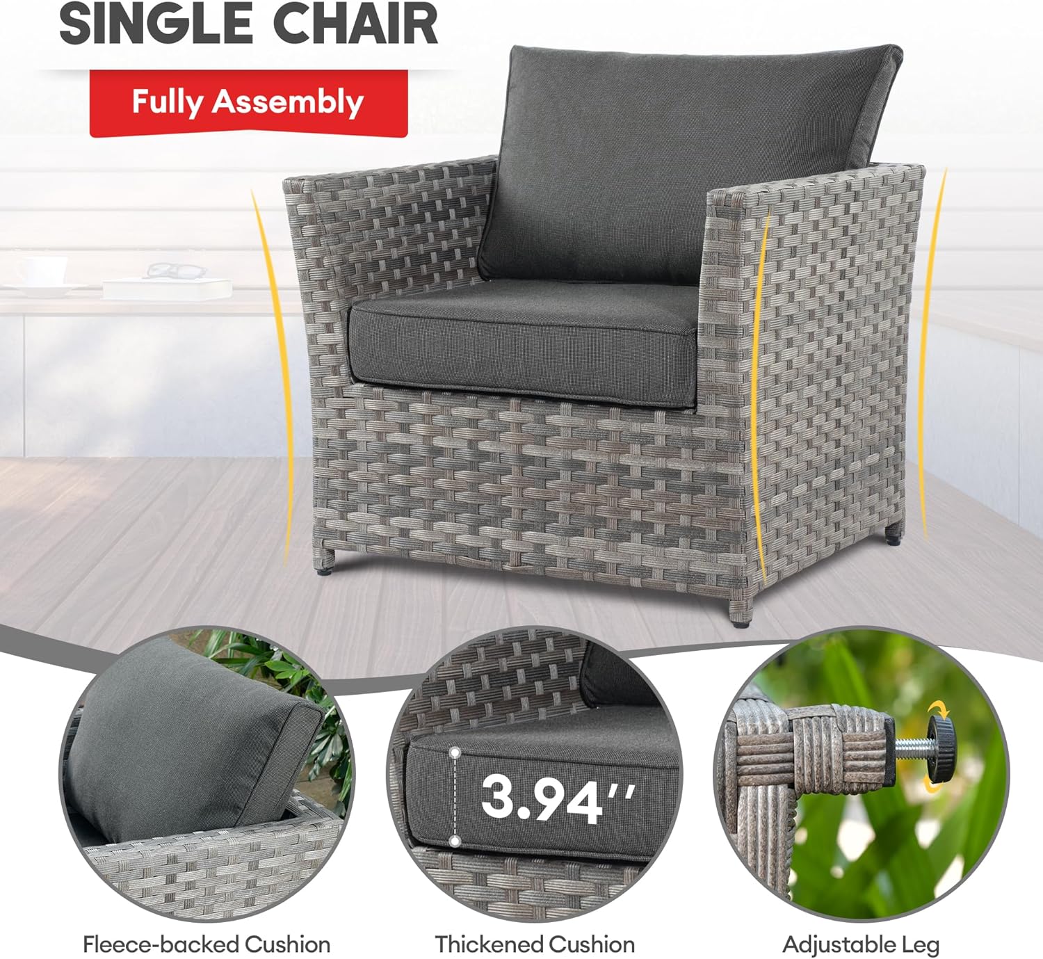 7 Pieces Outdoor Patio Furniture Set, Wicker Conversation Sectional Set with 30 Inch Gas Propane Fire Pit Table and Thickened Cushions (Black)