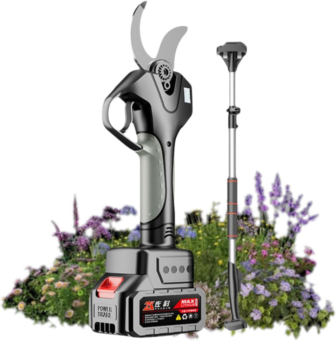Battery Powered Pruning Shears, Cordless Electric Pruner, Electric Pruning Shears, 980W high Power, 50h Long Load Without Burning, for Tree Trimming 银色开口6.0厘米+电池+延长杆