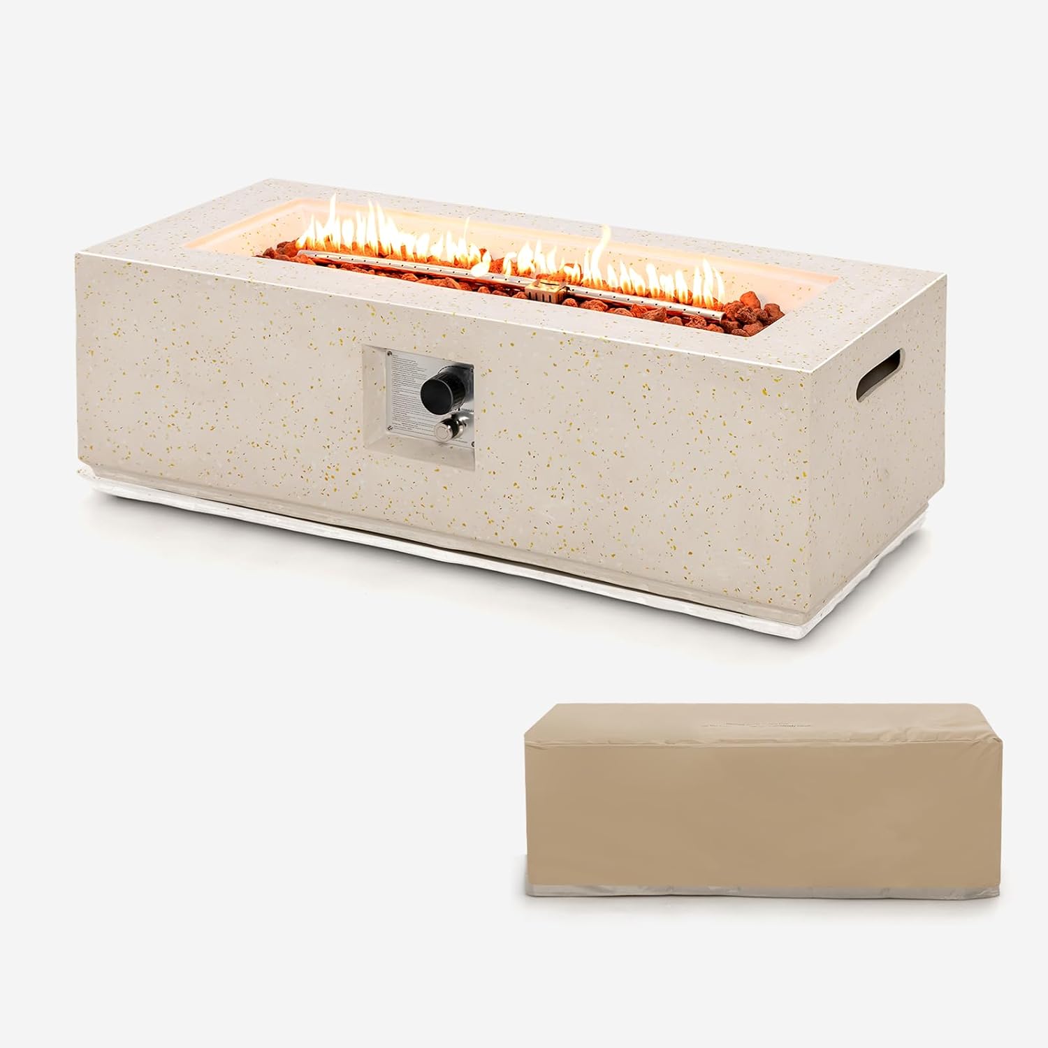 MAT EXPERT 42” Propane Fire Pit Table, 50,000 BTU Terrazzo Rectangle Fire Pit with Lava Rocks & Stainless Steel Burner, Rain Cover, Gas Fire Pits for Outdoor Patio & Backyard, CSA Certified (White)