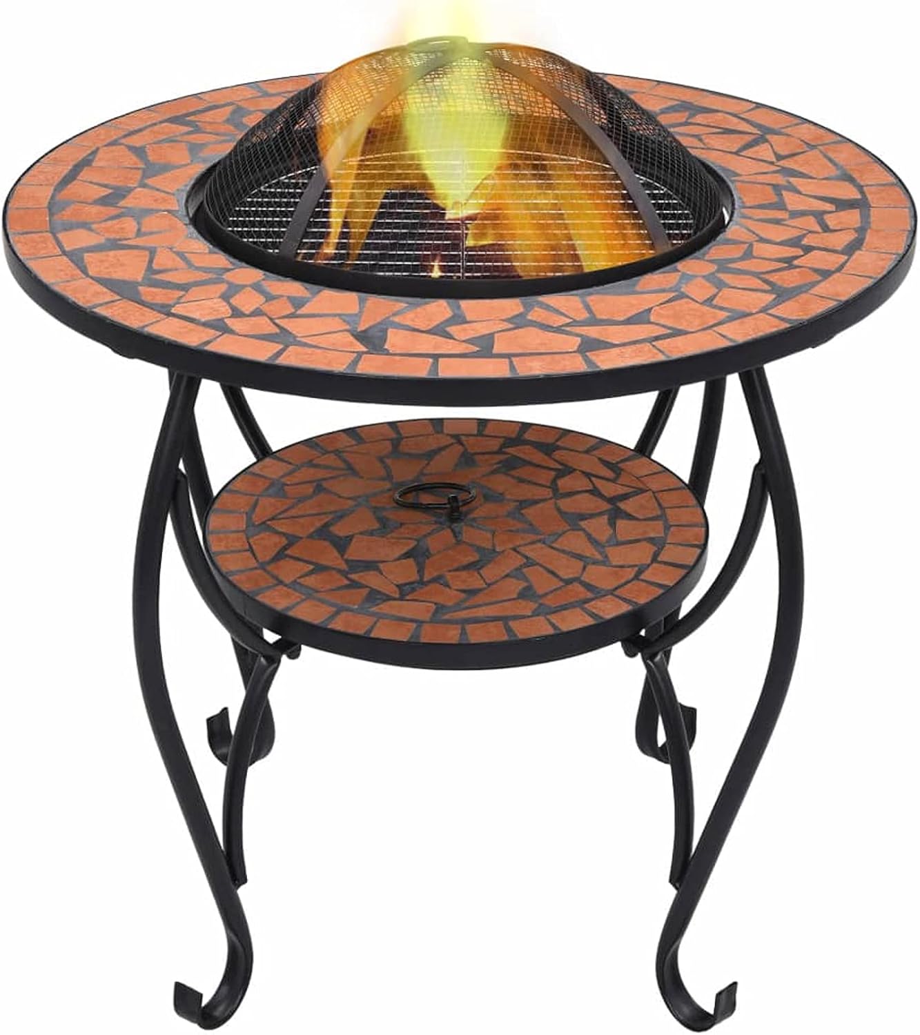 Mosaic Fire Pit Table, Ceramic Fire Pit with Mesh Cover, 26.8 Inch, Steel and Terracotta, for Outdoor Garden and Patio