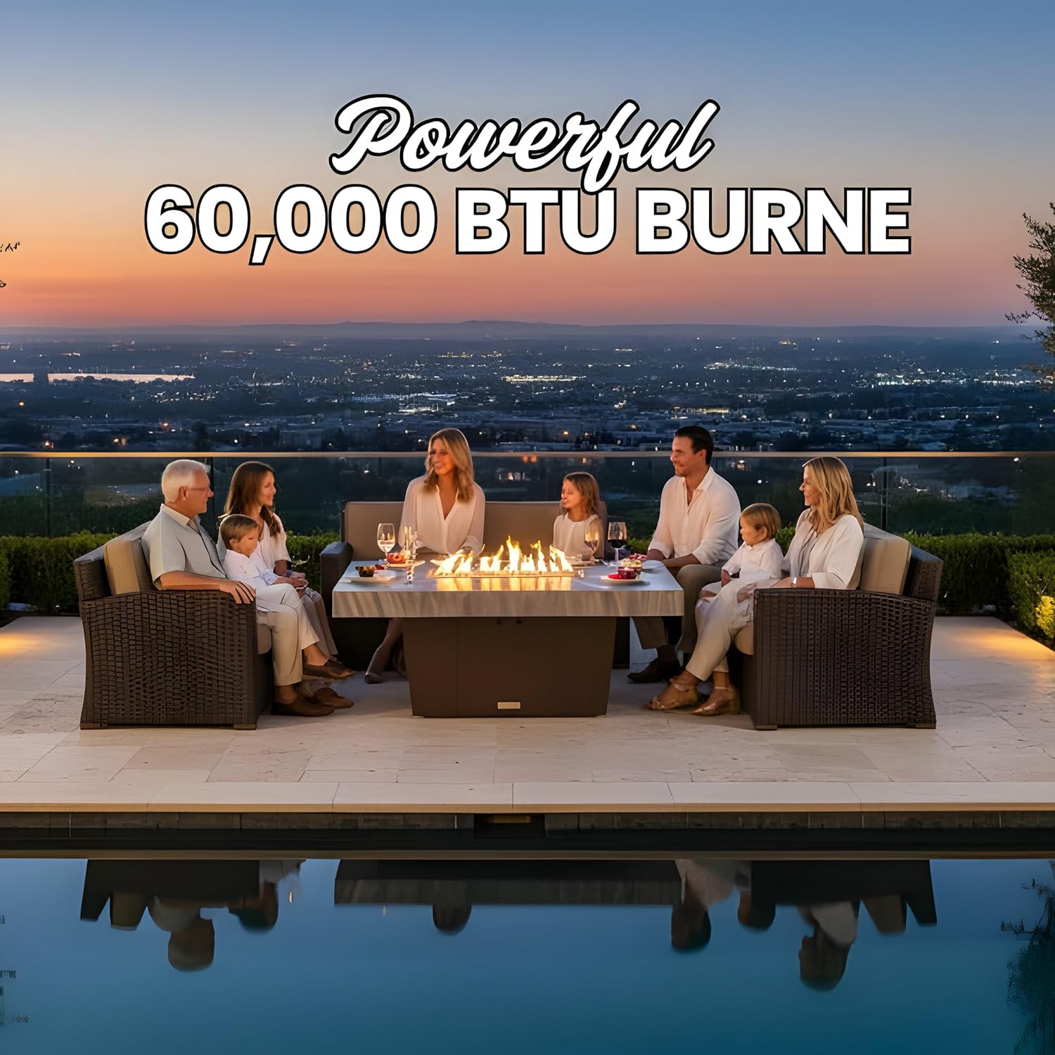 COOKE Palisades Rectangular Fire Pit Table - 52x36 - Chat Height - Propane - Brushed Aluminum Powdercoat Top with 6cm Edge - Dark Cherry Powdercoat Base