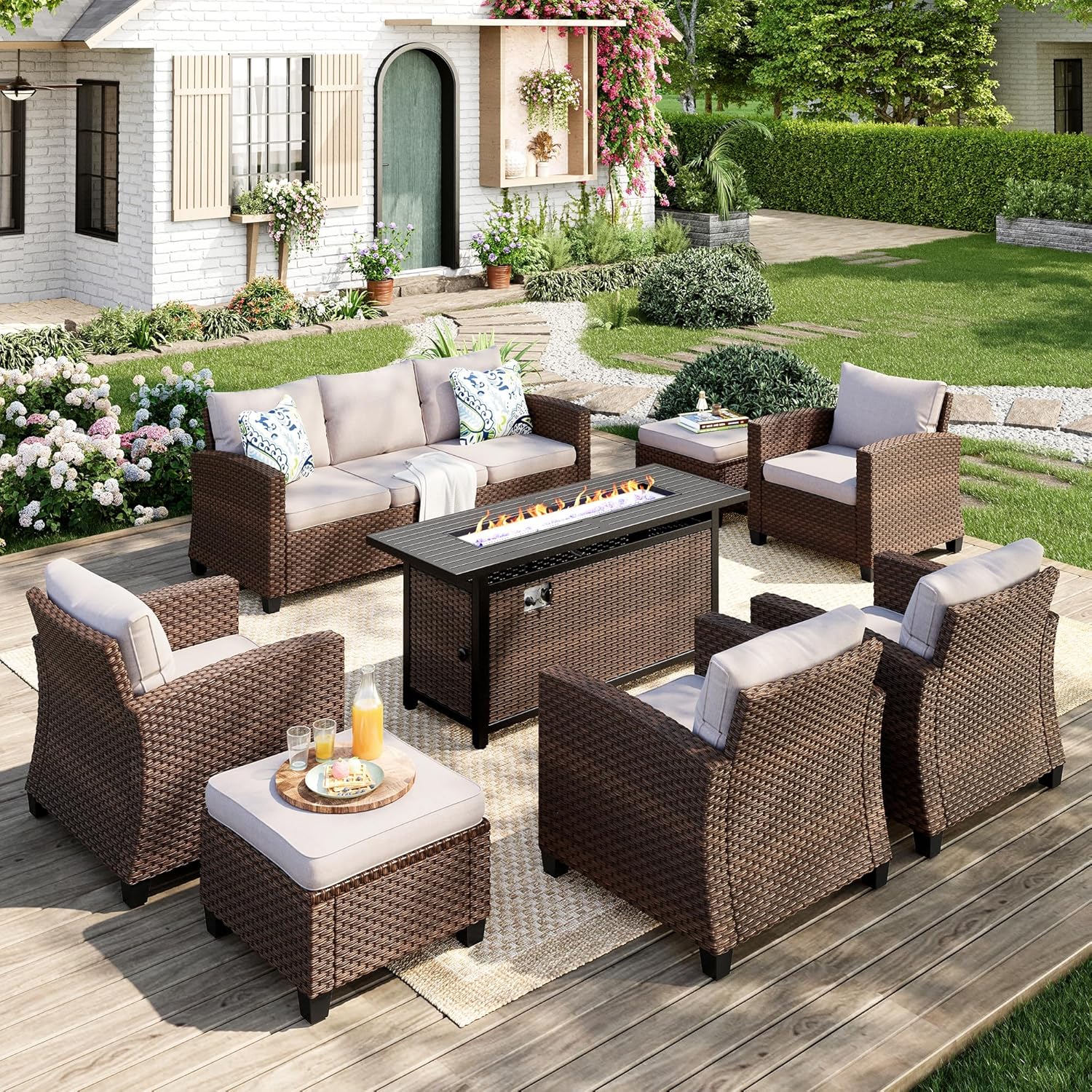 Patio Furniture Set, 8 Pcs Wicker Rattan Outdoor Conversation Set, 4 x Leg Chairs, 1 x 3 Seater Sofa and 2 x Ottoman with 4