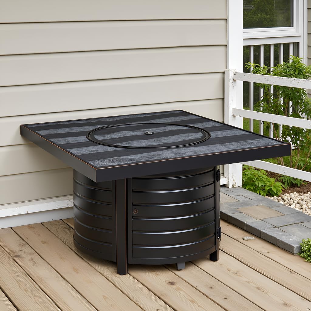 Square LPG/NG Gas Fire Pit Table 55K BTU w/Burner Lid, Cover, Fire Glass #65154