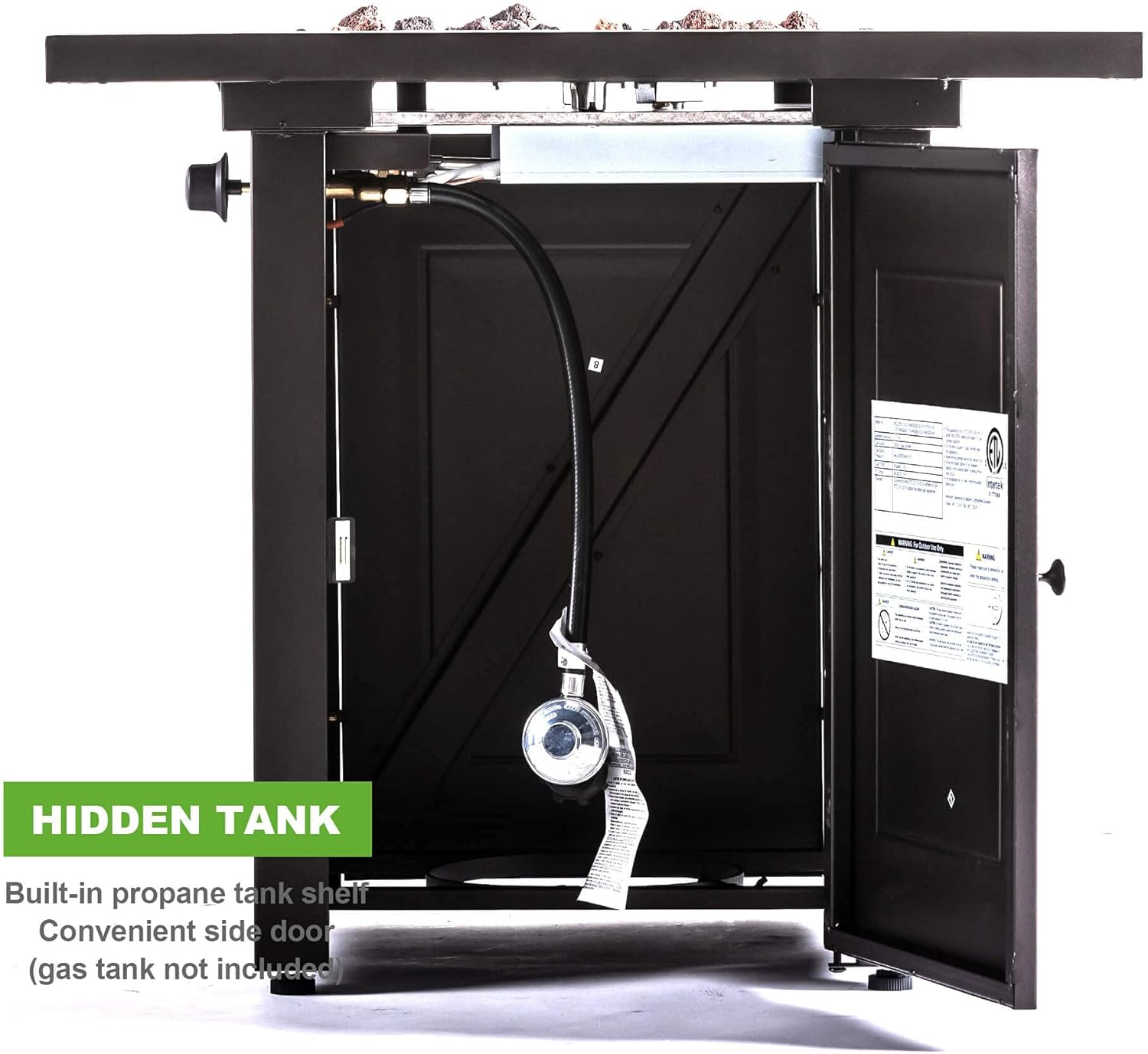 28in Square Propane Fire Pit Table, 50,000 Btu Outdoor Dining Fireplace with Lid Lava Rocks, Etl Certified for Backyard, Deck, Patio – Brown (1 Door)