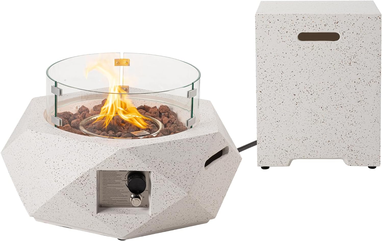 COSIEST 2-Piece Outdoor Propane Firepit Table Set w Tank Table, 24-inch Terrazzo White Hexagon Fire Table, Wind Guard and 16 inches Tank Side Table 20lb for Garden,Pool