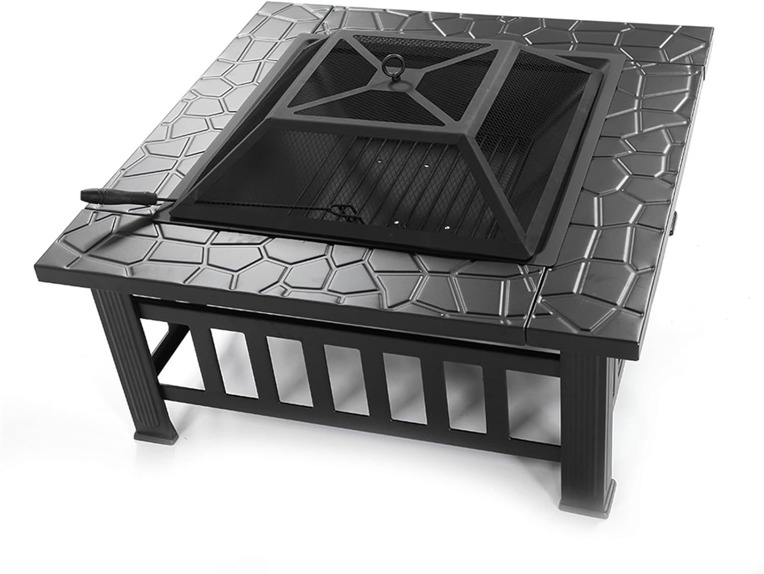 32in Square Outdoor Fire Pit Table Portable Courtyard Metal Fire Pit with Accessories, Multipurpose Firepits for Outside, Fireplace for Yard, Garden, Patio Fogatas para Patio Black