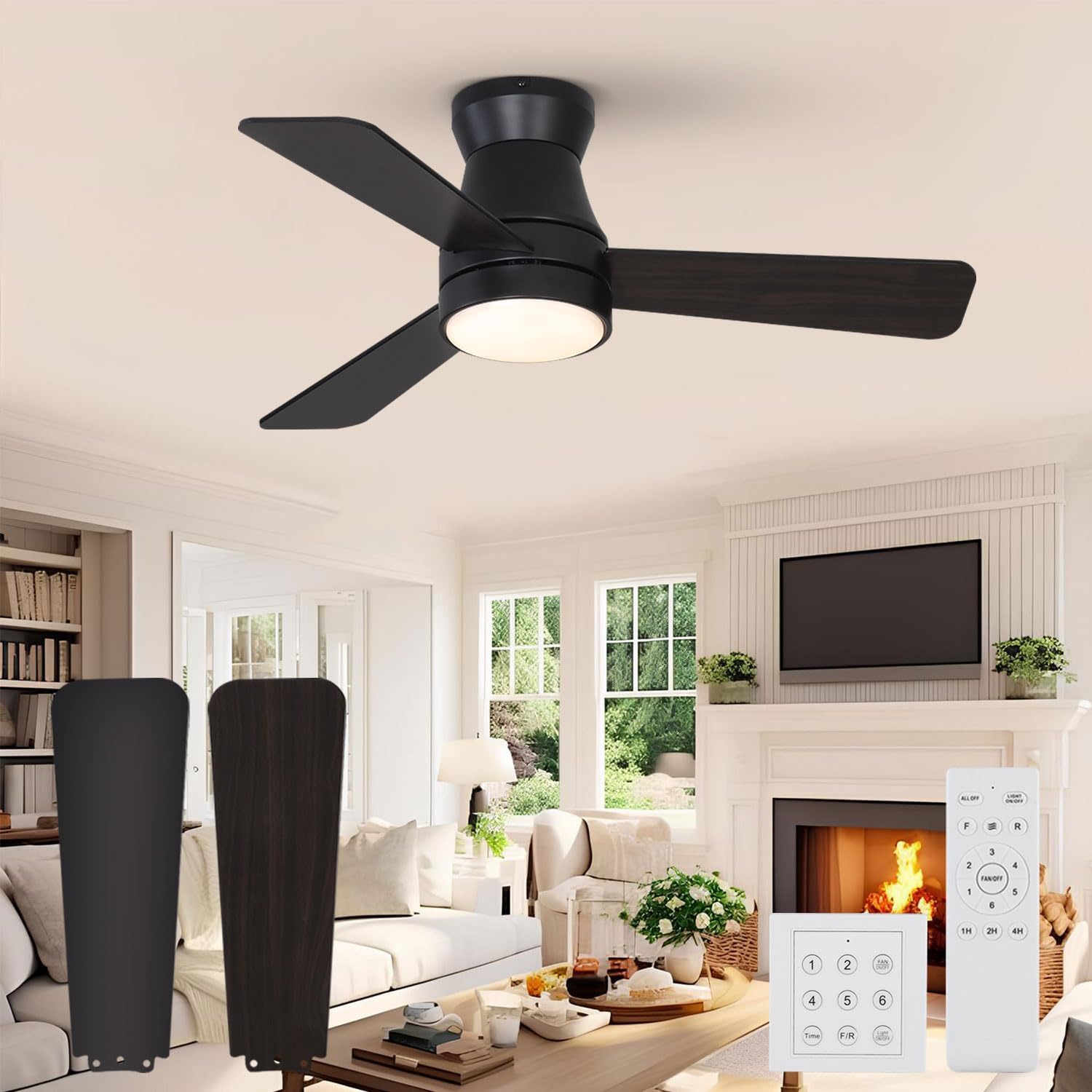 Ceiling Fans with Lights, 36 inch Black Low Profile Ceiling Fans with Light and Remote, Flush Mount, 6 Speeds DC Reversible, 3CCT Dimmable, Modern Ceiling Fans for Bedroom Indoor/Outdoor Use