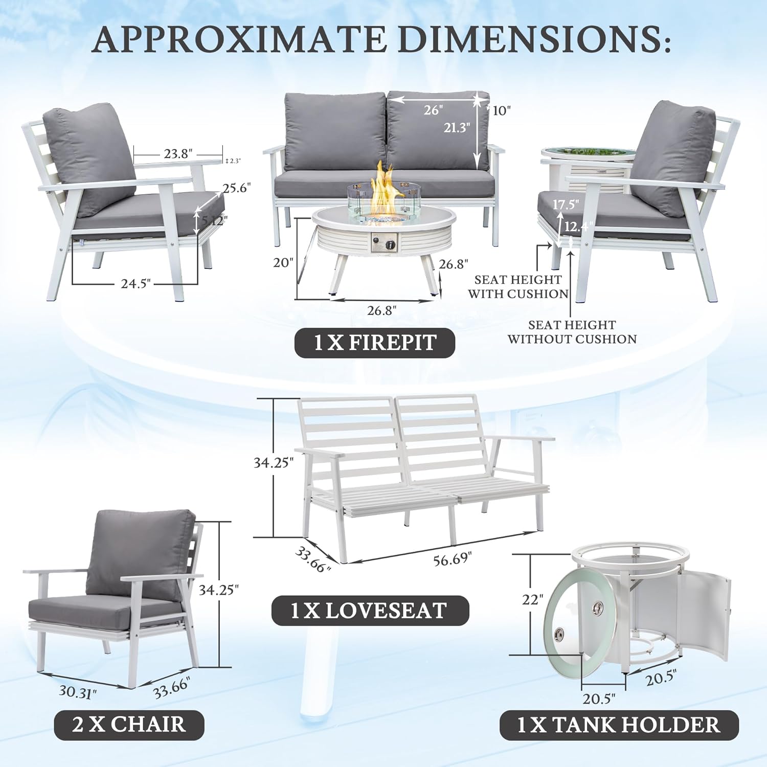 LeisureMod Walbrooke Modern Aluminum 5-Piece Patio Conversation Set with Outdoor Round Fire Pit Slats Design & Side Table Tank Holder, Grey