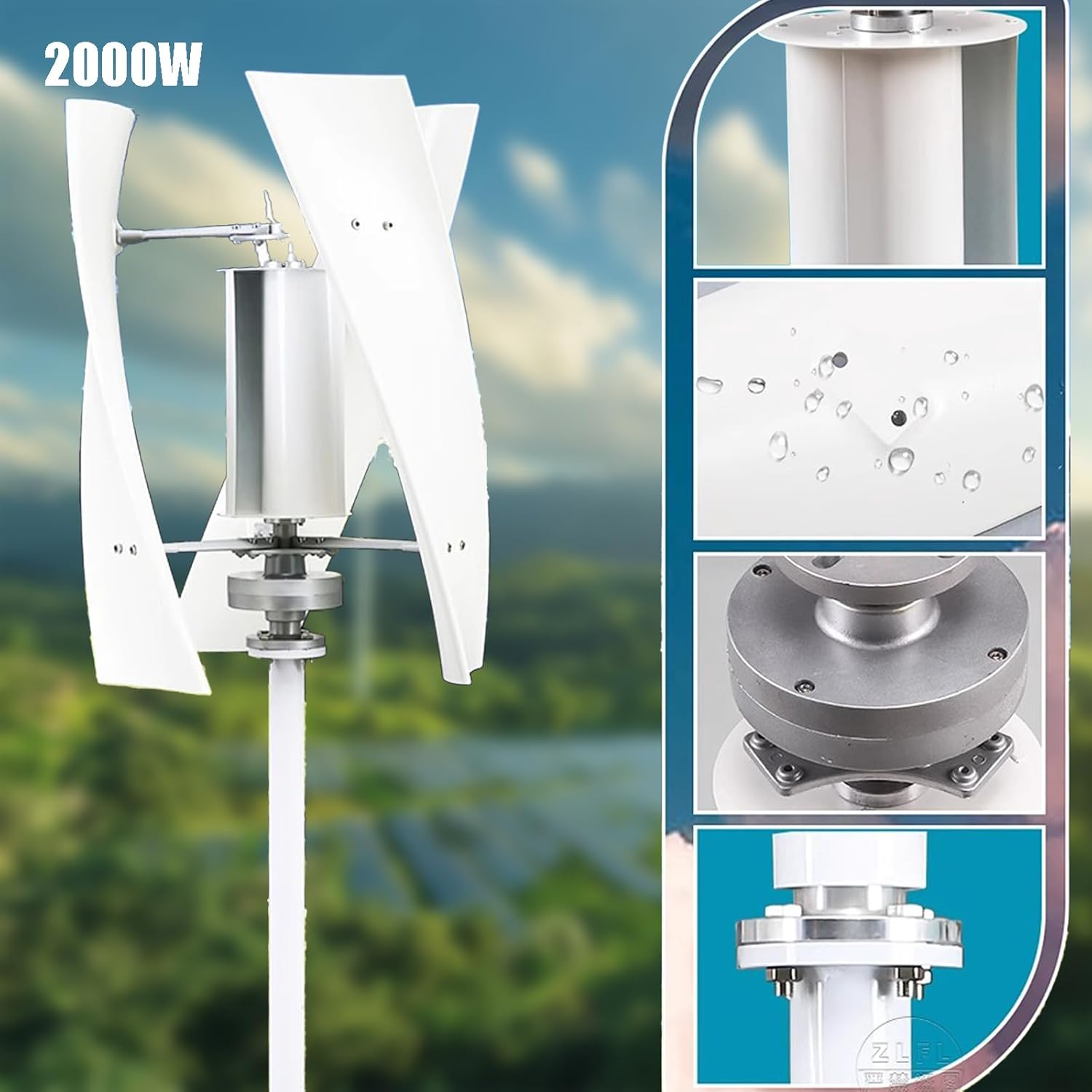 Vertical Axis Wind Turbine Generator 2000W with Controller for Home Street Lighting ，3 - Blades Helical Magnetic Levitation Shaft， Ideal for Home,RV，Factory, Street Lighting