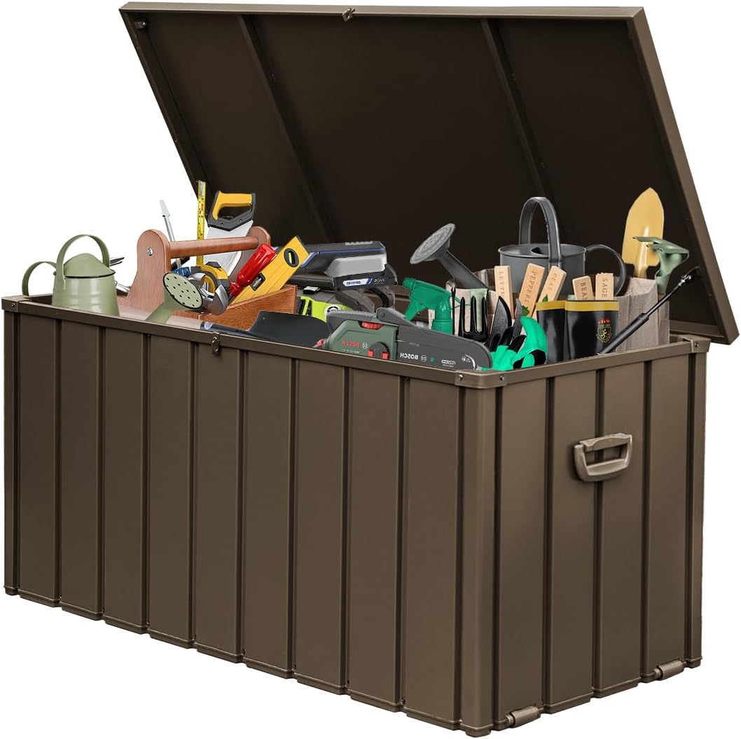 Domi 150 Gallon Deck Box, Metal Outdoor Storage Box with Lock Wheels, Waterproof Outside Storage Box for Patio Cushions