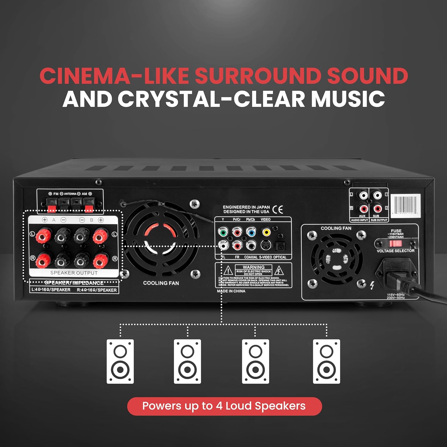 Pyle 4-Channel 1000W Power Amplifier with Bluetooth - Wireless Stereo Home Audio Receiver w/ Front Loading CD DVD Player, FM Radio, USB-A, Headphone, 2 Microphone w/ Echo, LED, Rack Mount - PD1000BA