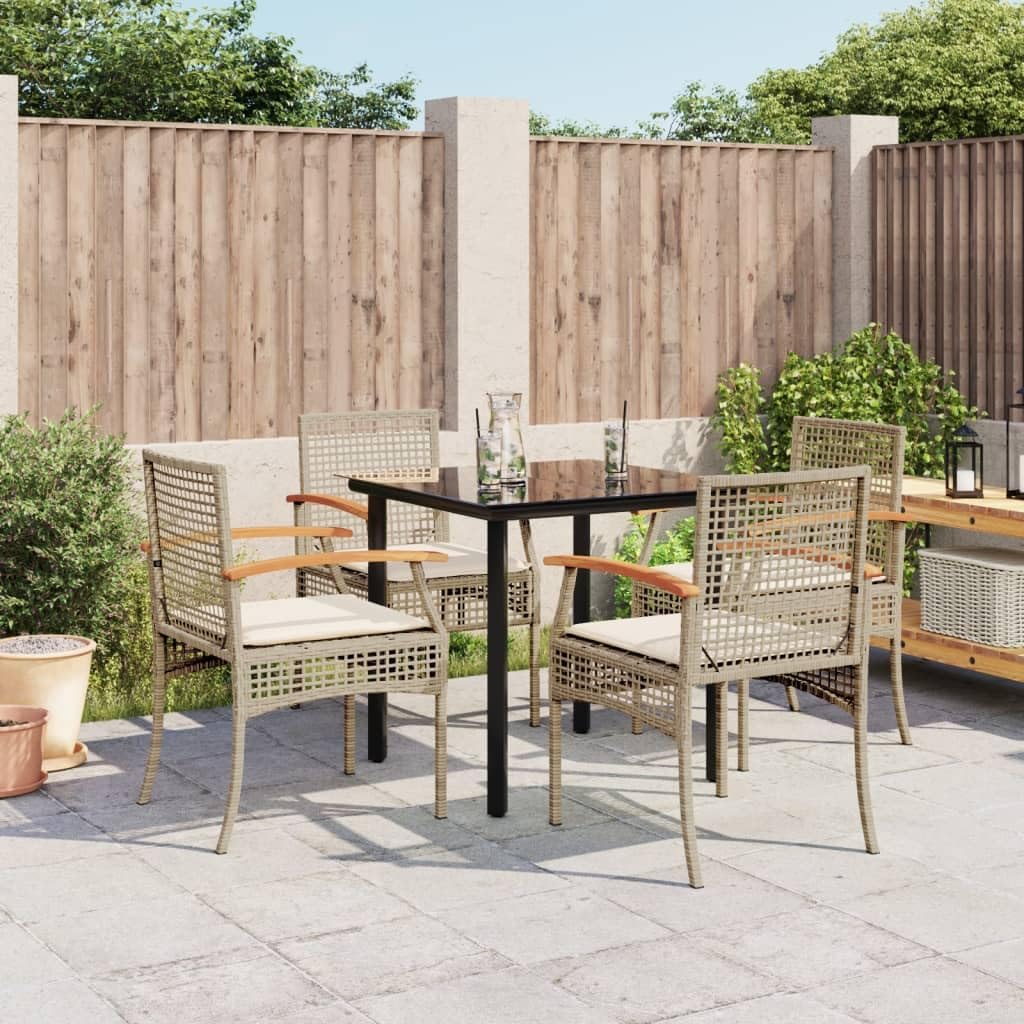 5 Piece Patio Dining Set with Cushions Beige Poly Rattan,Comfortable and Durable Outdoor Dining Set: Rattan Chairs, Tempered Glass Table for Patio and Garden Furniture Sets for Patio, Lawn & Garden